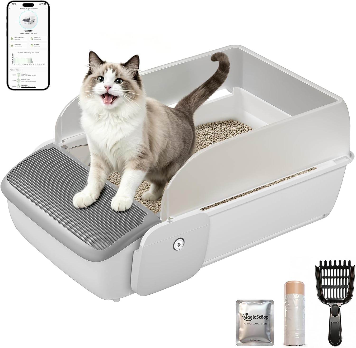 Self Cleaning Cat Litter Box, Open Top Automatic Litter Box, App Control | Anti-Pinch Safety Sensors, 6.5L Waste Drawer with Odor Control, 20 Waste Bags, Large Capacity for Big Cats & Multi-Cat Homes