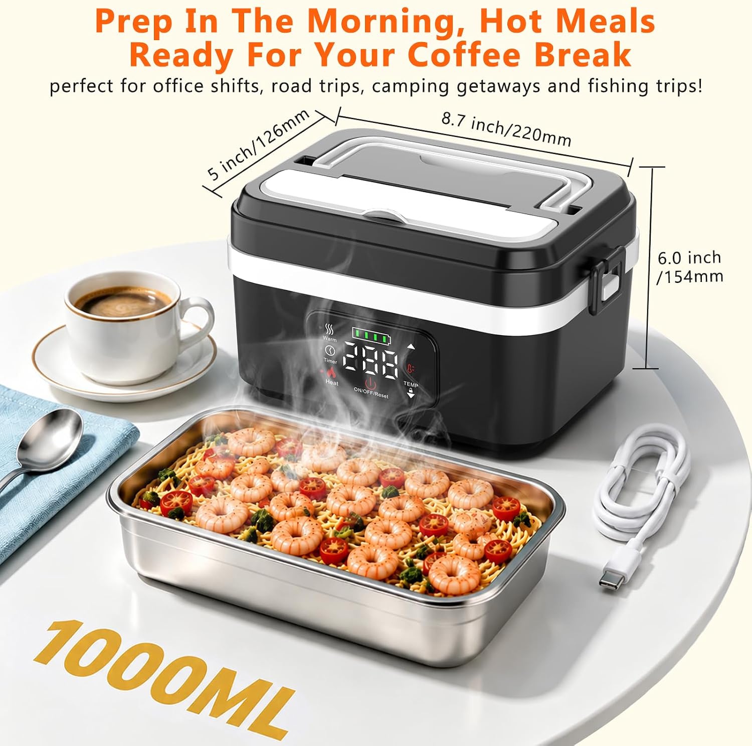 Electric Cordless Heated Lunch Box, Black, 4.23 Cups image 5