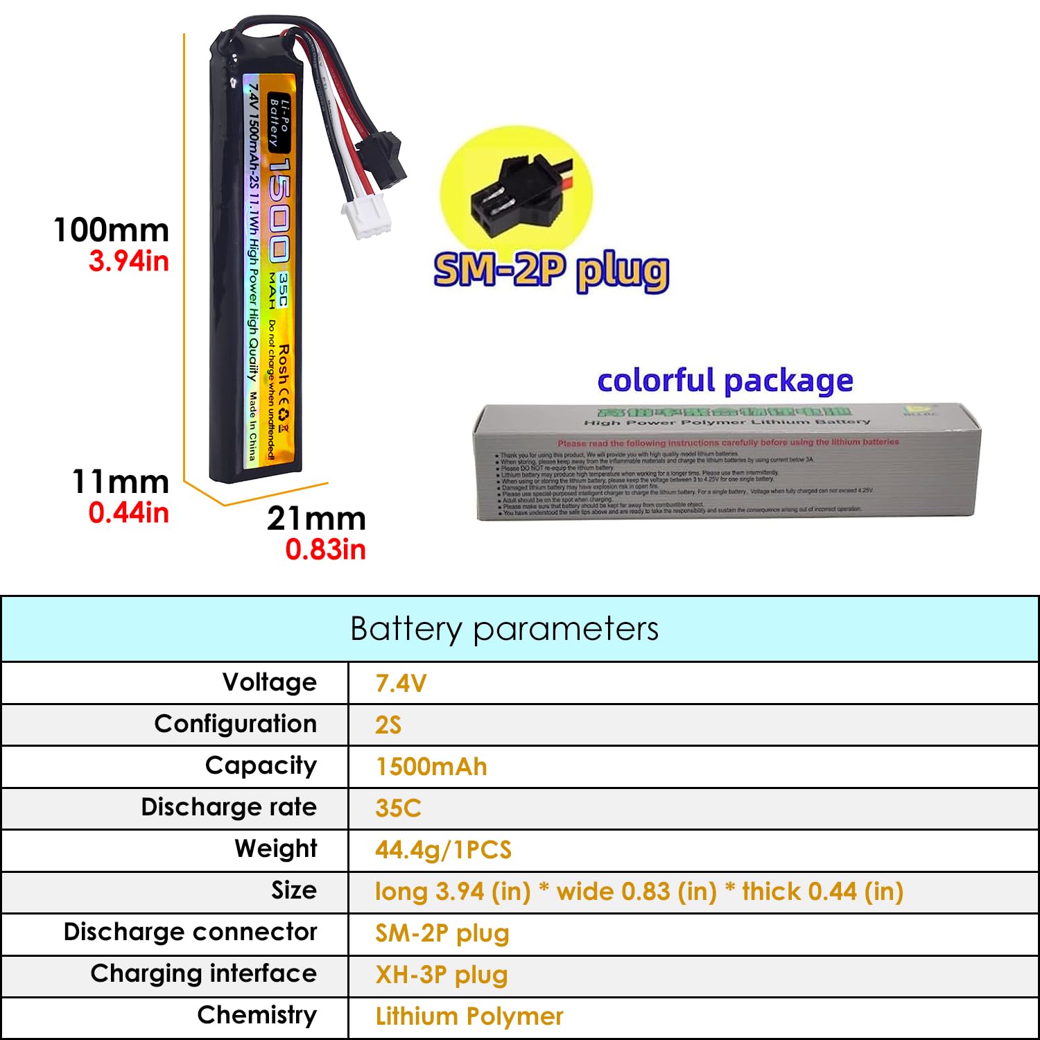 PUOO 2PCS 7.4V 35C 1500mAh SM-2P Plug Lithium Battery with T Plug Odamiya Plug and USB Charging Cable for Airsoft Model Guns Rifles Remote Control Cars Drones