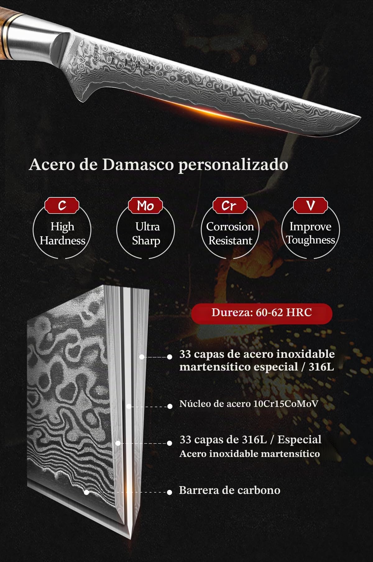 HEZHEN Damasco Cuchillo de Filete, Cuchillo para Pescado Profesional, Cuchillos de Deshuesar Damasco