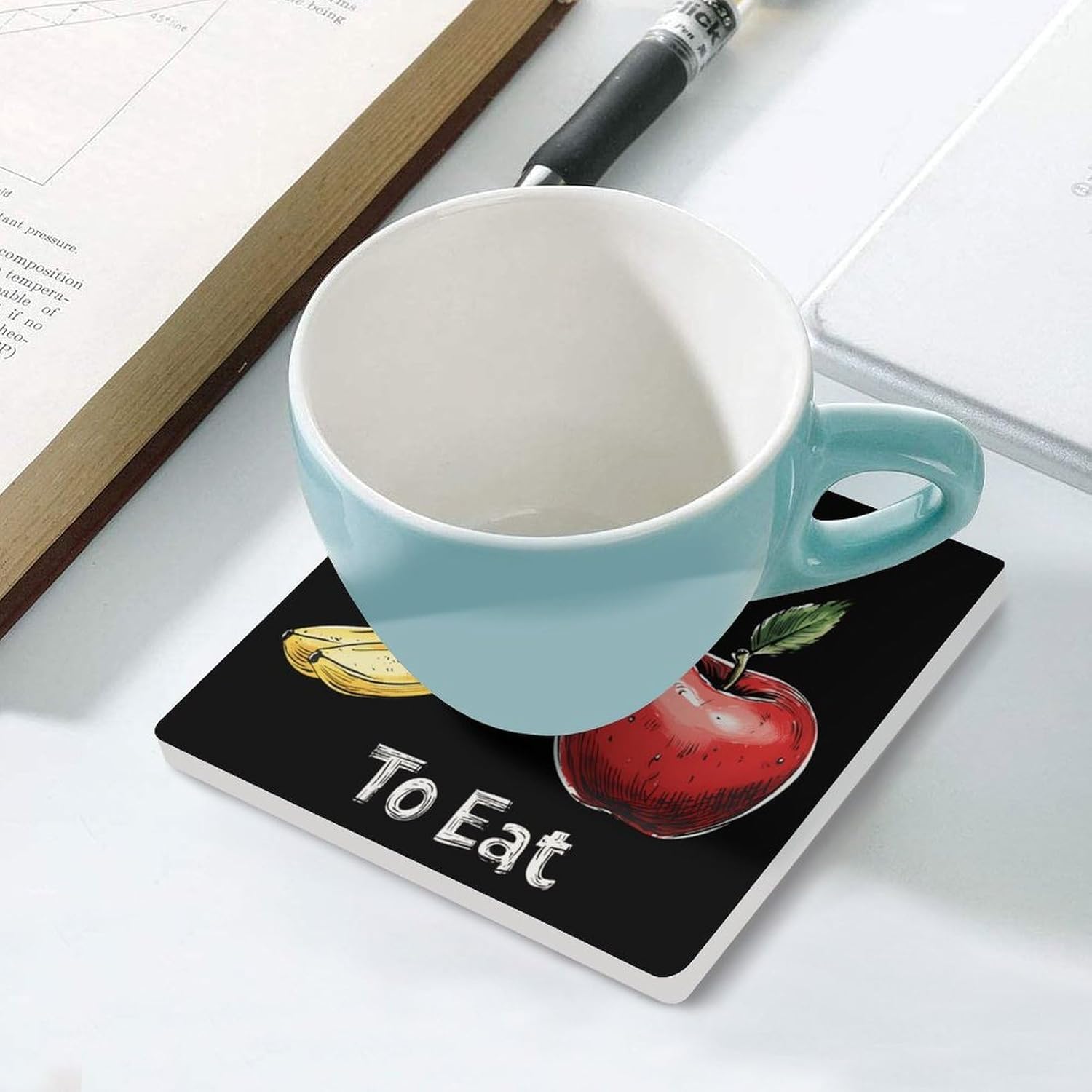 I Like to Eat Apples and Bananas Ceramic Coasters Set Square Drink Coasters Table Coaster for Kitchen Desktop Decor