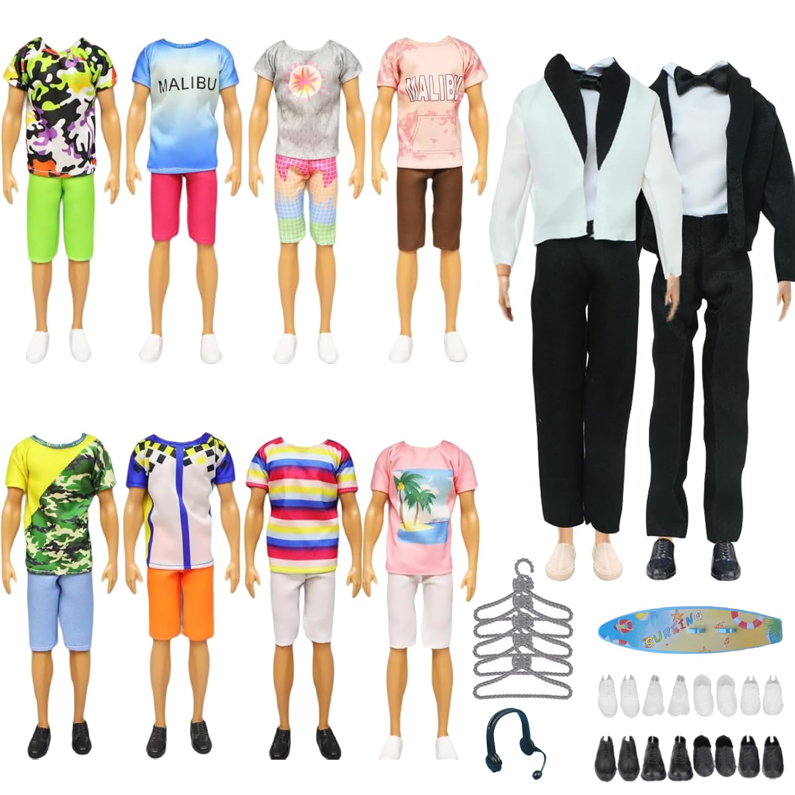 Generic 26 pezzi vestiti per bambole compatibili con Ken: tuta, abbigliamento casual, pantaloni, scarpe, appendiabiti, auricolare, paddle board per bambole da 11,5 e 12 pollici, tema spiaggia