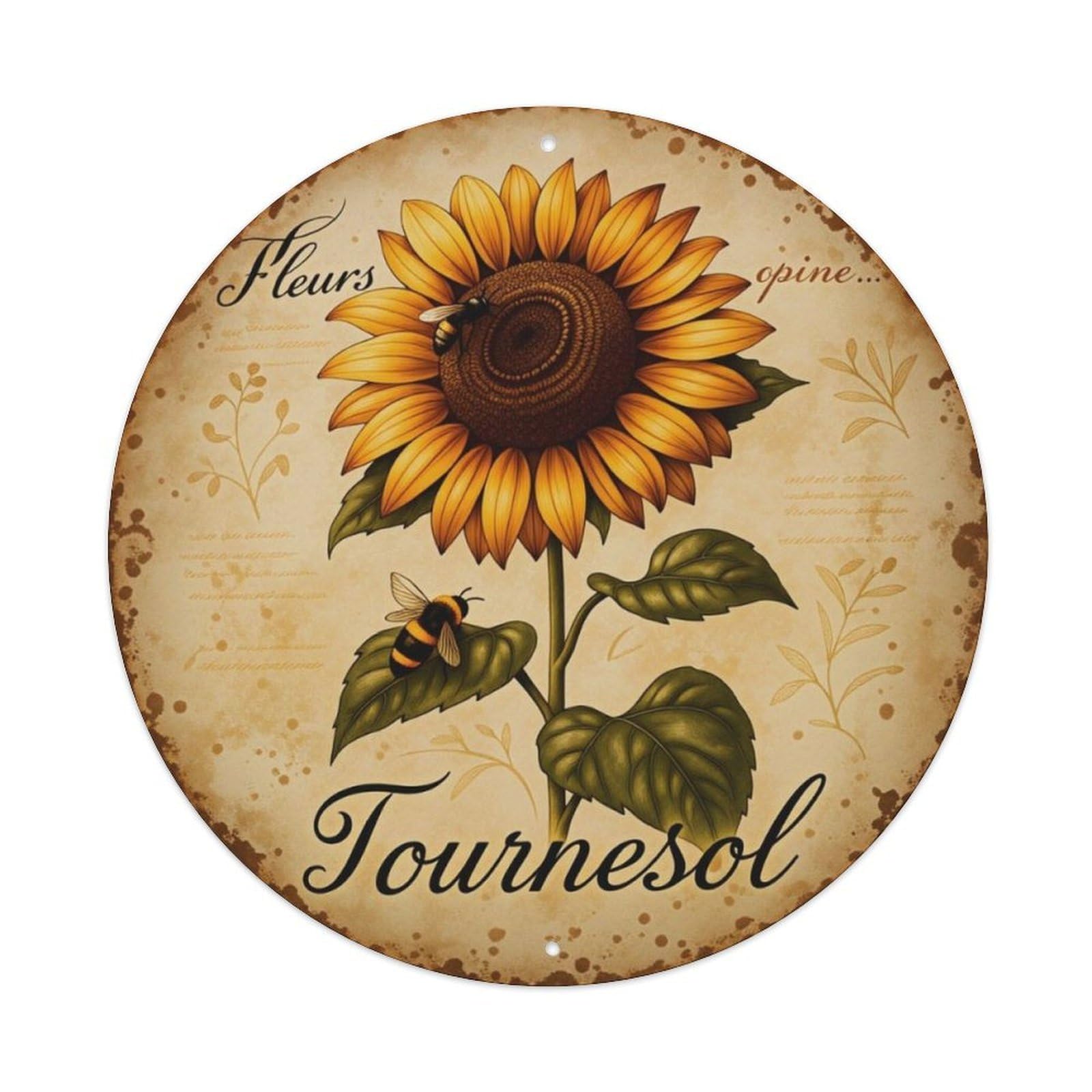 French Vintage Sunflower Bee Farmhouse Round Decor Sign Vintage Aluminium Metal Sign, Retro Wall Decor for Home, Bar, Garage & Farmhouse 20x20cm