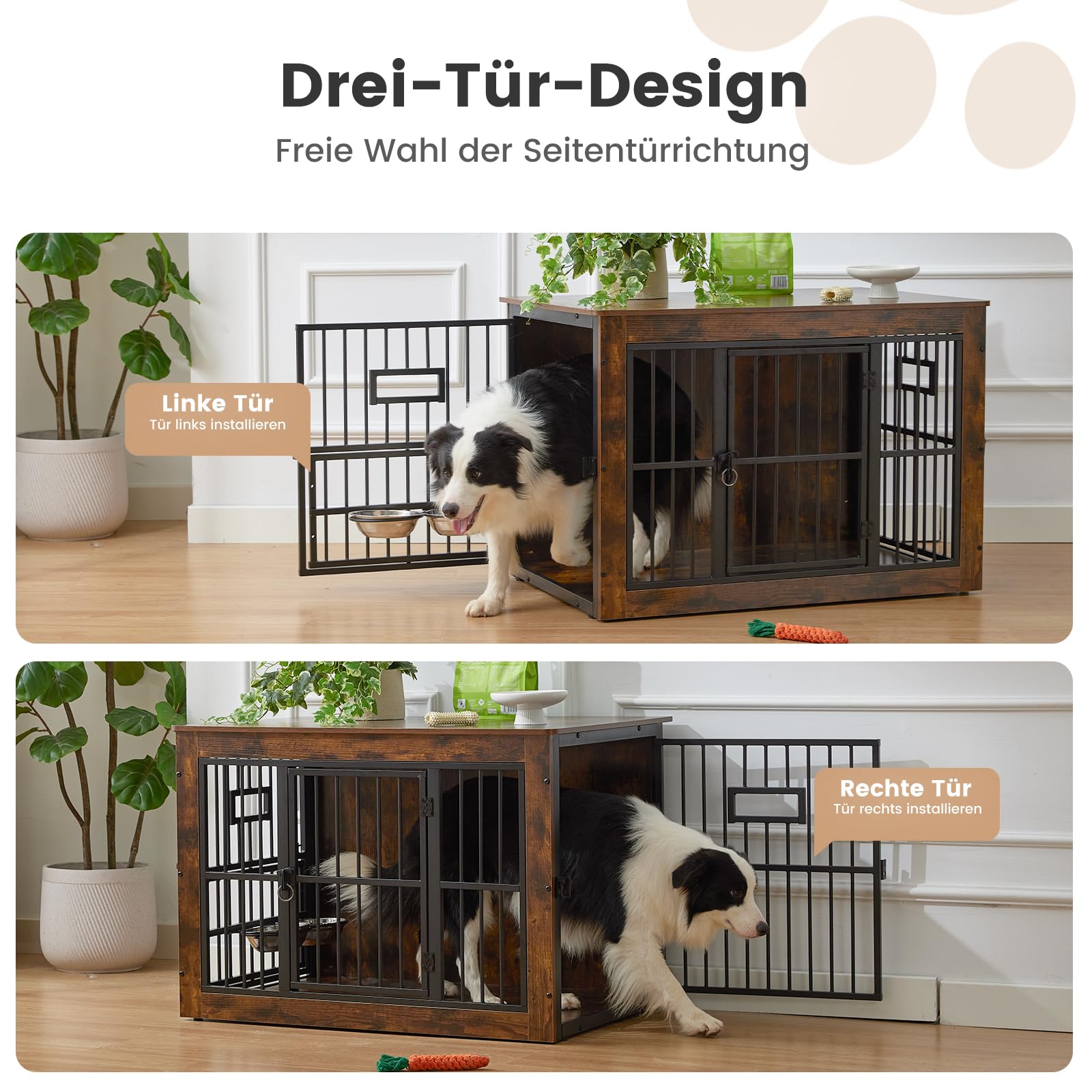 Gardner Pet Hundekäfig Möbel, Hundebox für Zuhause, 99x65x69 cm, Braun | Hundebox für Zuhause, Moderne Hundehütte Indoor, 3 Türen, Verstellbare Näpfe, Metall und Holz, Für mittlere Hunde
