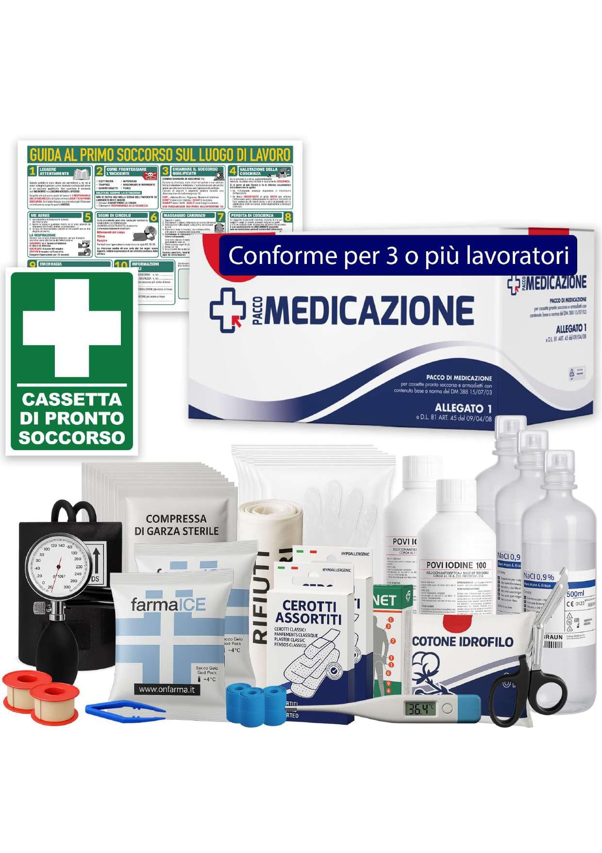KIT REINTEGRO COMPLETO DI CARTELLO PRIMO SOCCORSO pacchetto medicazione ricambio per cassetta medica di pronto soccorso CON MISURATORE DI PRESSIONE per aziende con 3 o più lavoratori