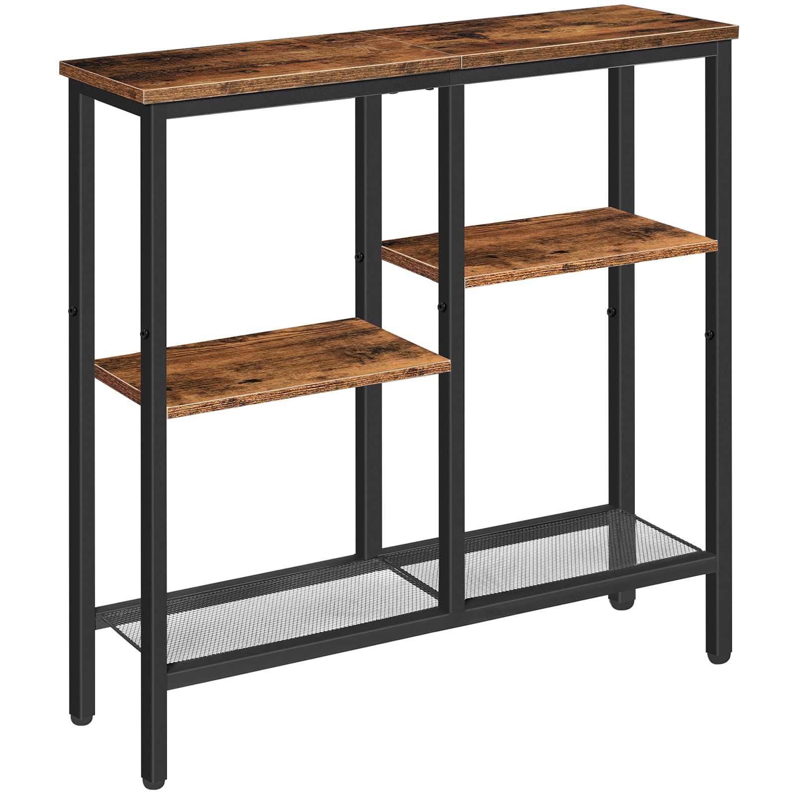 HOOBRO Mesa de Consola, Mesa Auxiliar Estrecha de 75 cm, Mesa Lateral para Sofá, Aparador de Entrada de Estilo Industrial de 4 Niveles, para Entrada, Salón, Pasillo, Marrón Rústico y Negro EBF79XG01