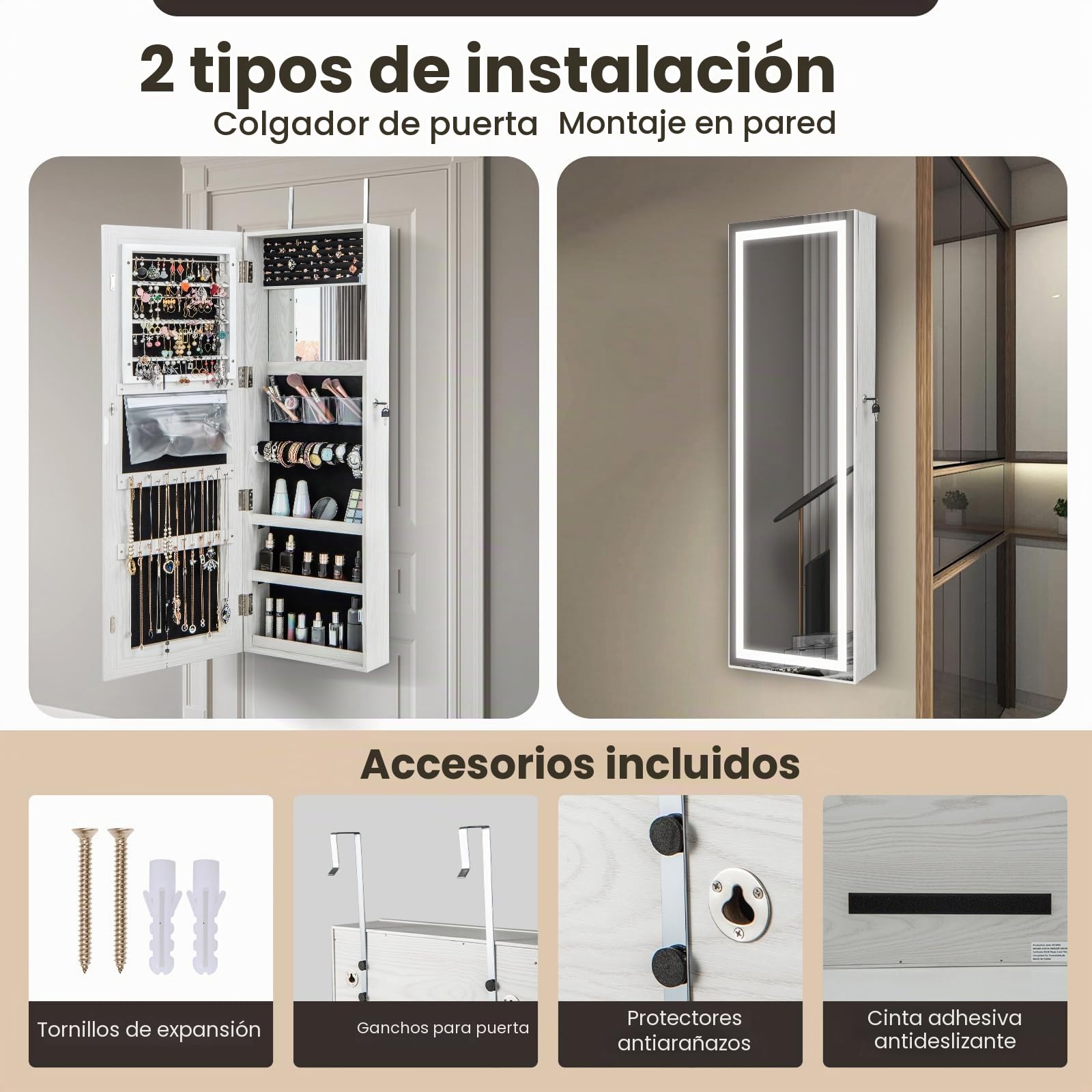COSTWAY Armario Colgante para Joyas con Espejo, Cerradura y Luz LED Tres Colores, Blanco