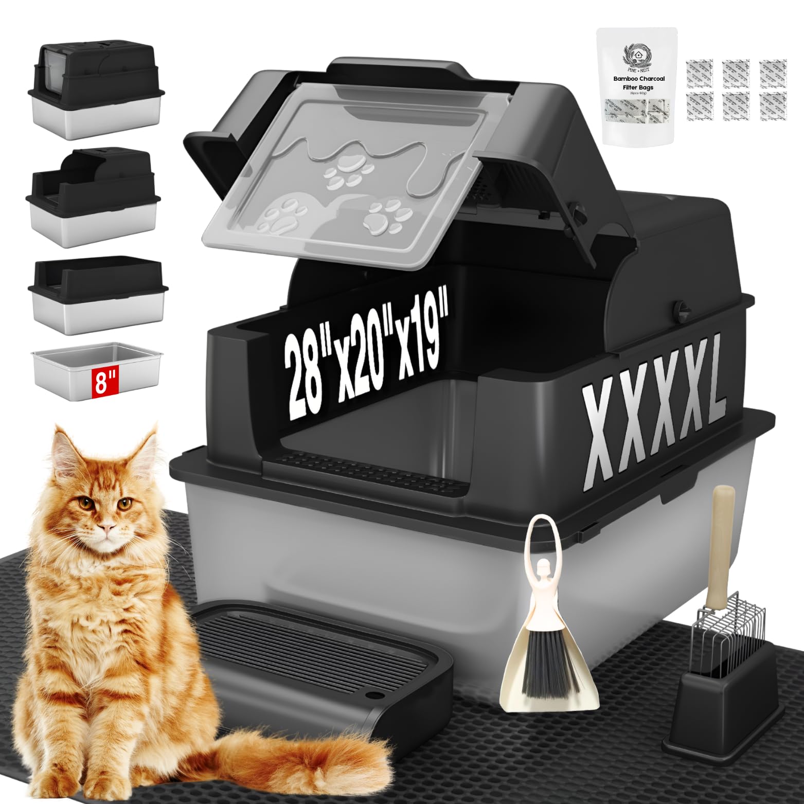 XXXXL Jumbo Stainless Steel Litter Box with Lid for Maine Coon, 28" L x 20" W x 19" H Extra Large Stainless Steel Cat Litter Box for Big Cat and