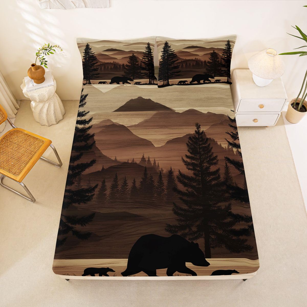 Homemissing Sábana bajera ajustable de oso tamaño King para niños y niñas, con bolsillo profundo de 16 pulgadas de profundidad, ropa de cama rústica con 2 fundas de almohada, decoración de habitación