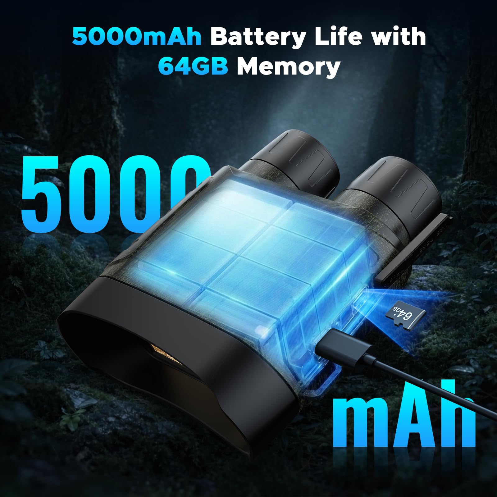 Gafas de visión nocturna, prismáticos de visión nocturna 4K de 112 MP para adultos con batería recargable de 5000 mAh, tarjeta de 64 GB, rango de visión de 1500 pies para observación de vida silvestre