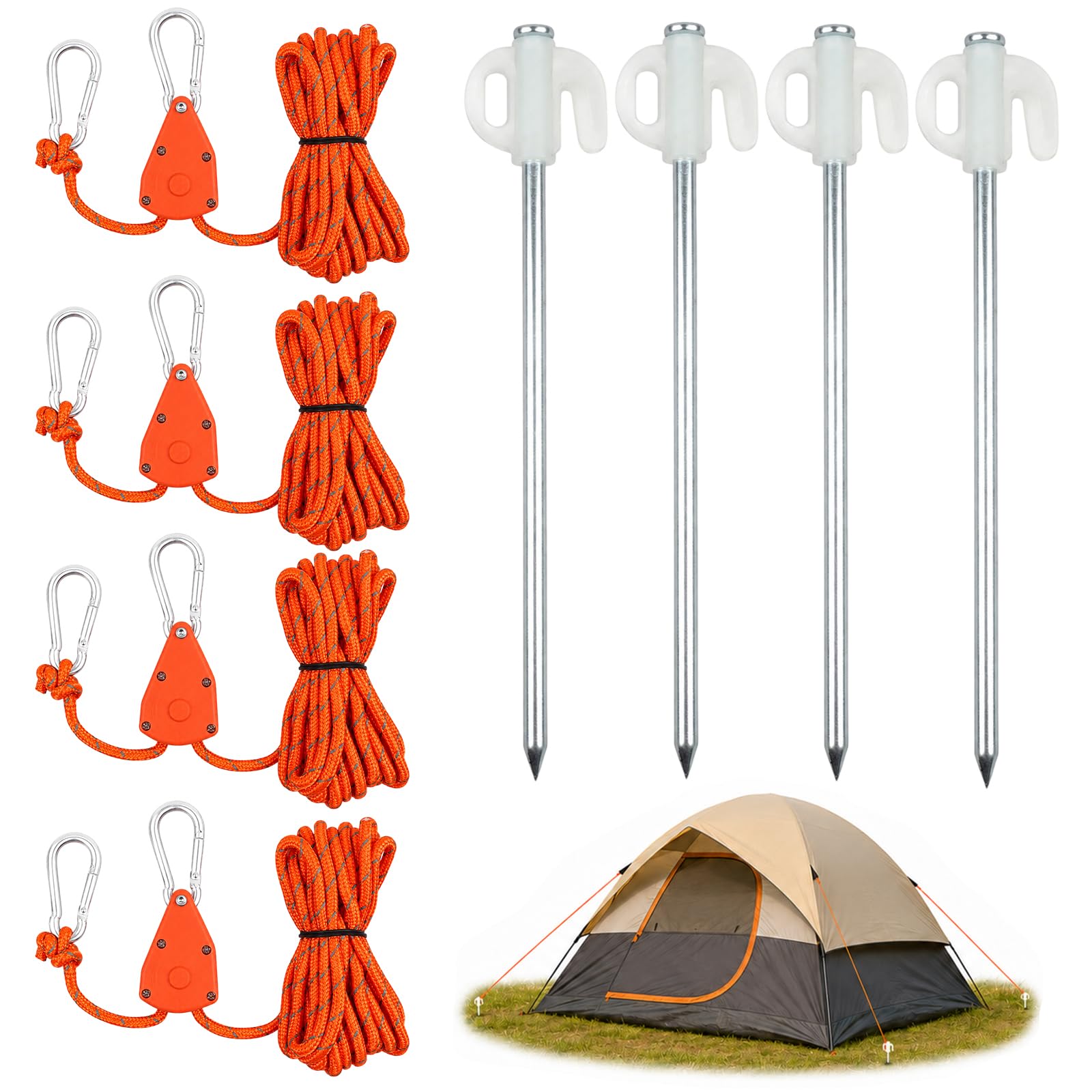 4 Pack Reflective Tent Guy Ropes with 4 Pegs Glow in The Dark