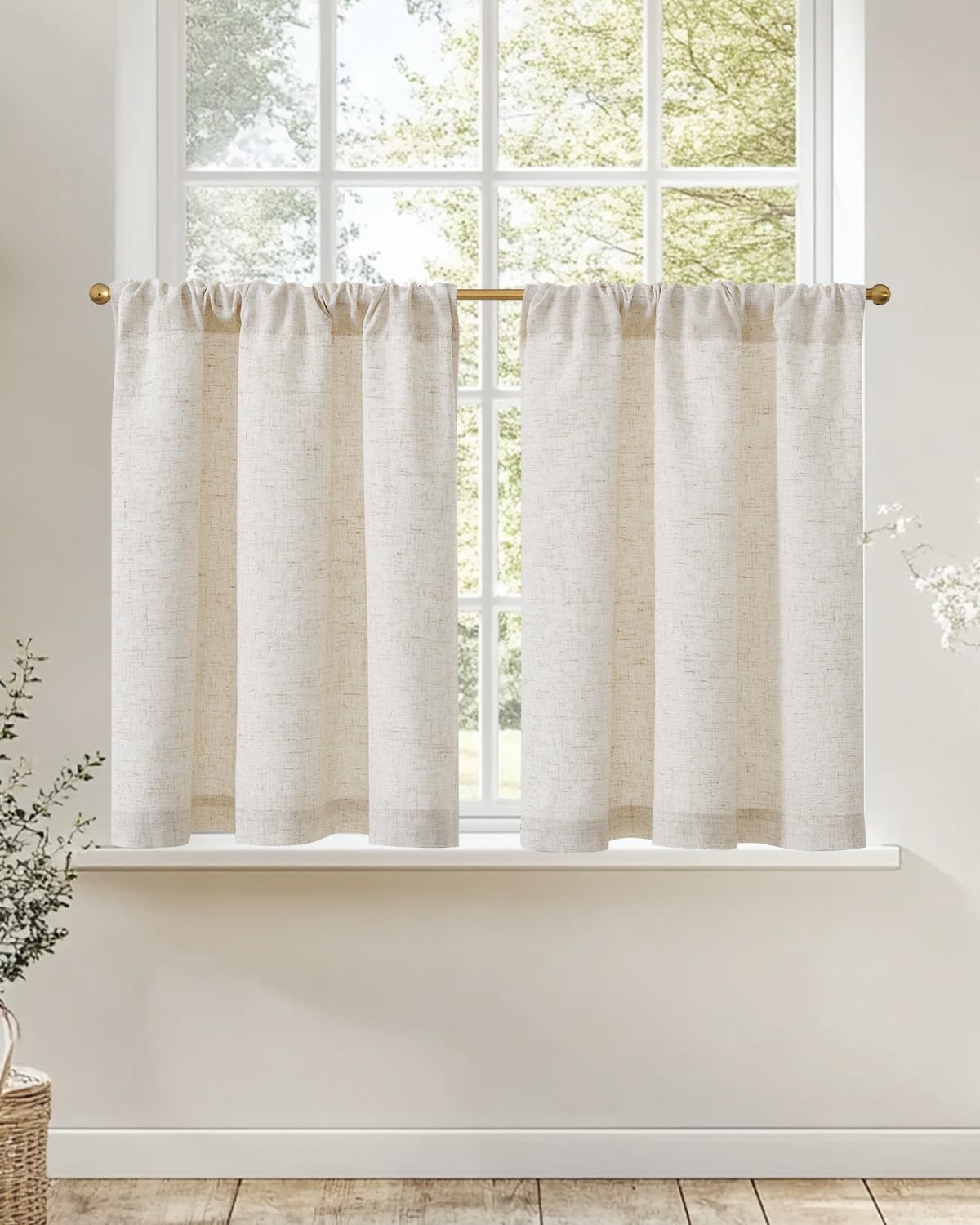 jinchan Natural Linen Kitchen Curtains 36 Inch Rustic Tier Curtains Farmhouse Rod Pocket Cafe Small Window Drapes with Lined Flax Country Light Filtering for Bathroom Laundry Room RV 2 Panels Crude 26"W x 36"L (Pack of 2) Privacy Crude