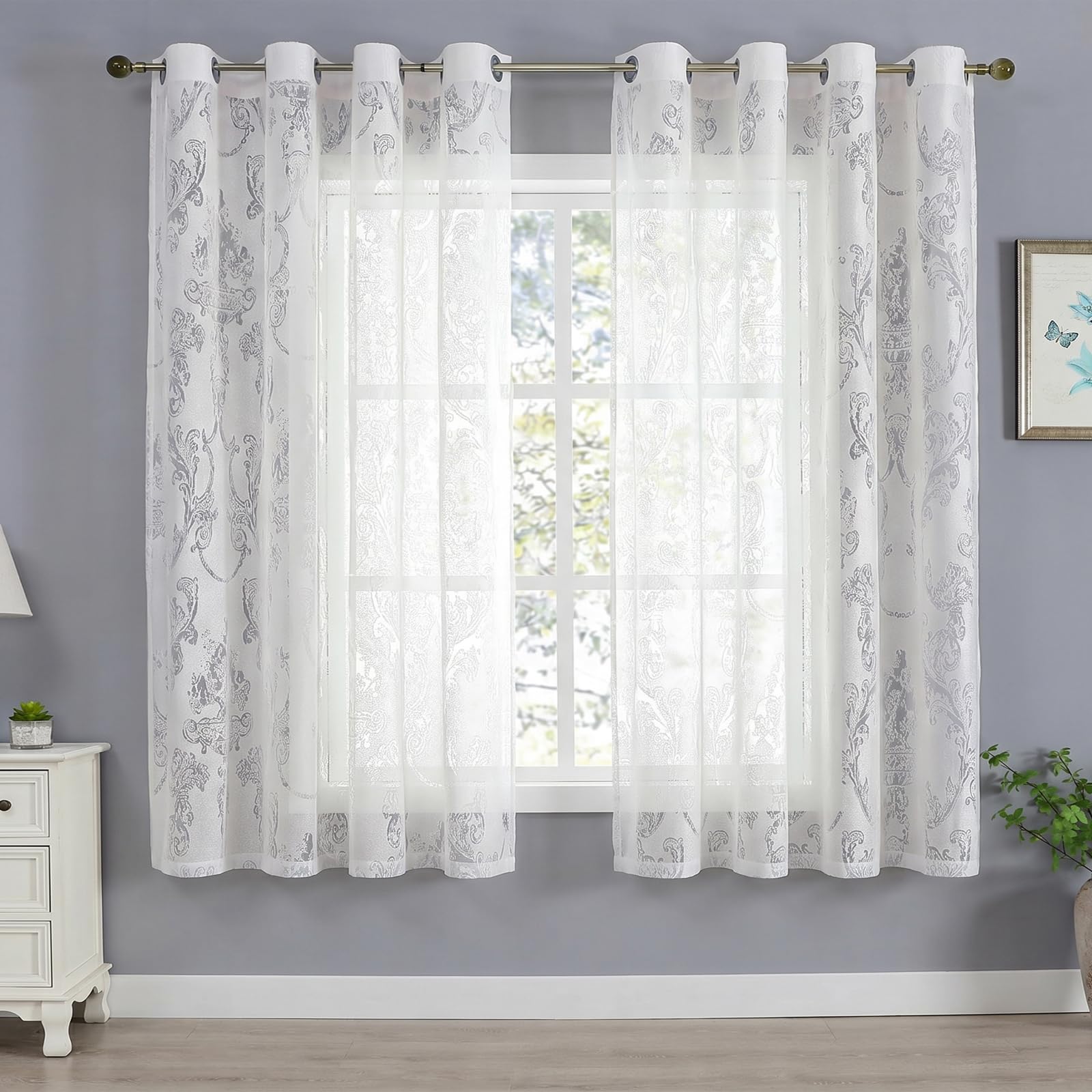 White Floral Jacquard Voile Curtains - Vintage Damask Eyelet Net Curtains, Semi Sheer Light Filtering Drapes for Living Room & Bedroom, French Shabby Chic Elegance (2 Panels)-W52 x L63 inch