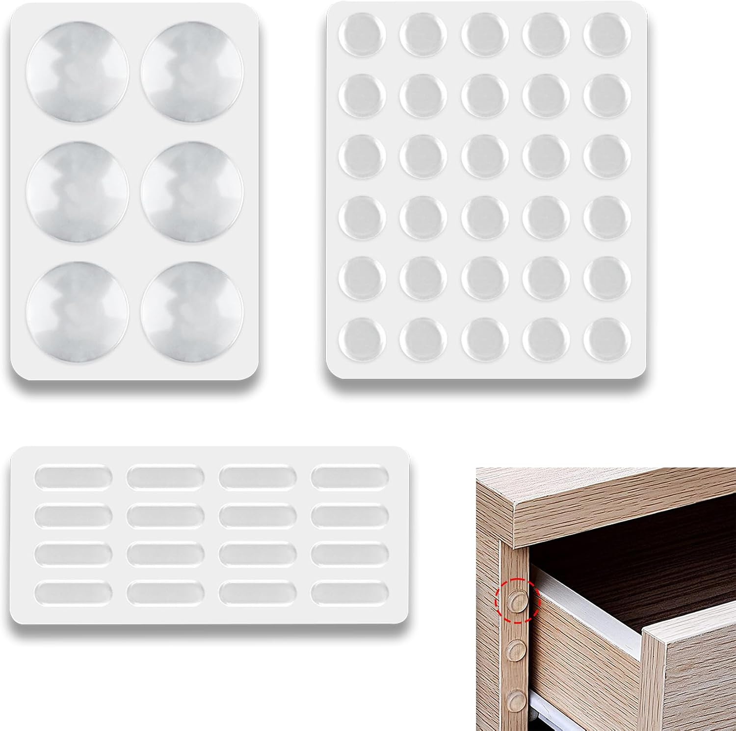 48 Pieces Bumper Pads, Self-Adhesive, Transparent Reusable Wall Stopper for Doors, Cabinets and Wall Protection, 3 Sizes (30 x 10 mm, Diameter 15 mm, Diameter 40 mm)