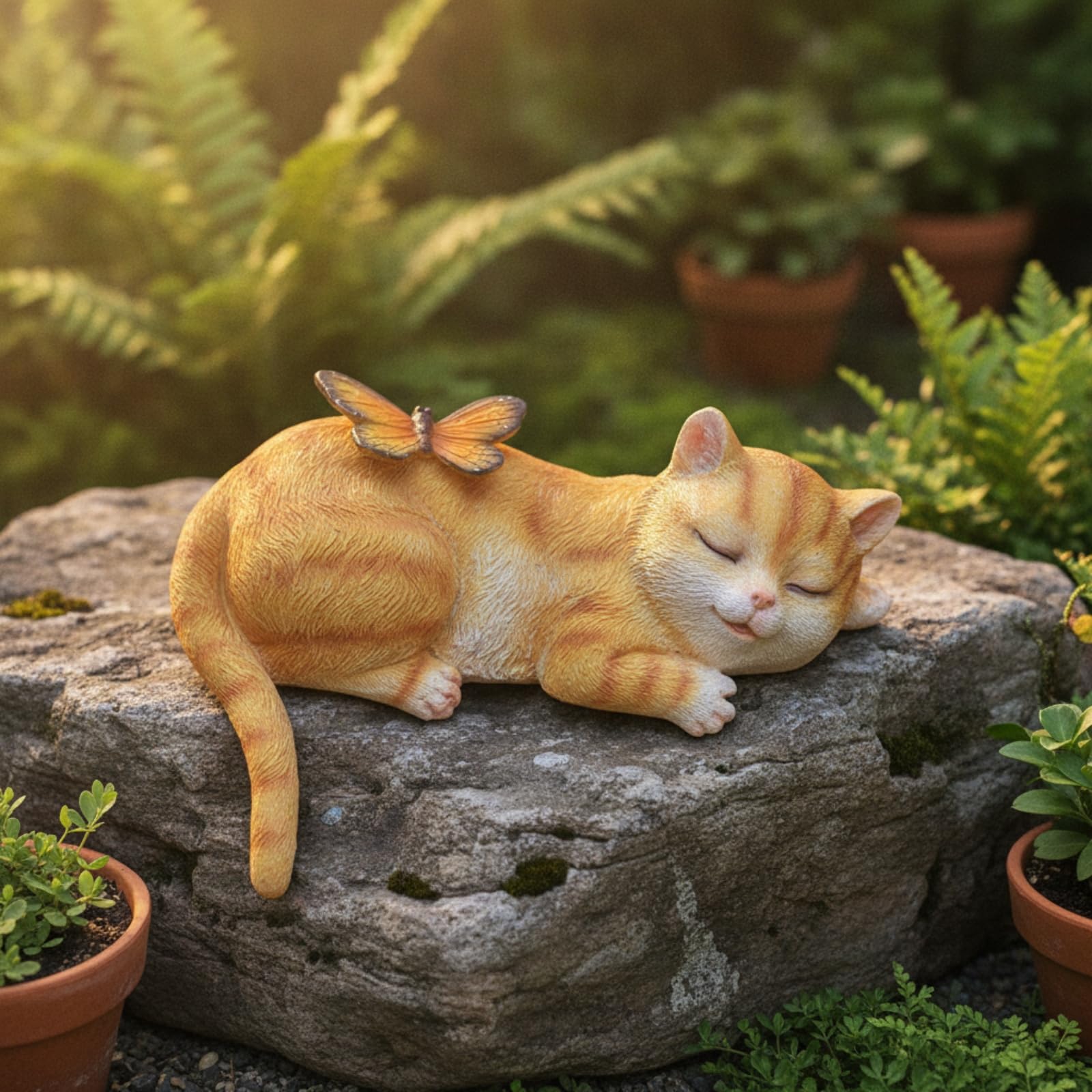 Niedlich Katzenstatue mit Schmetterling , Leuchtende Orangefarbene Katze