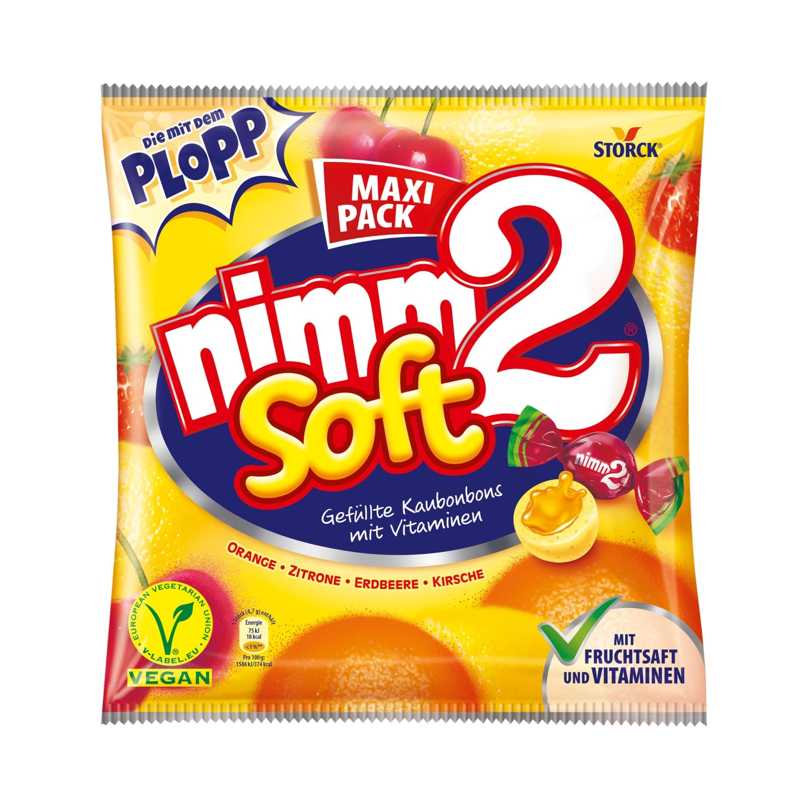 nimm2 soft – Kleine Bonbons mit flüssiger Fruchtsaftfüllung und Vitaminen zum Naschen für Kinder und Erwachsene – (1 x 345g Beutel)