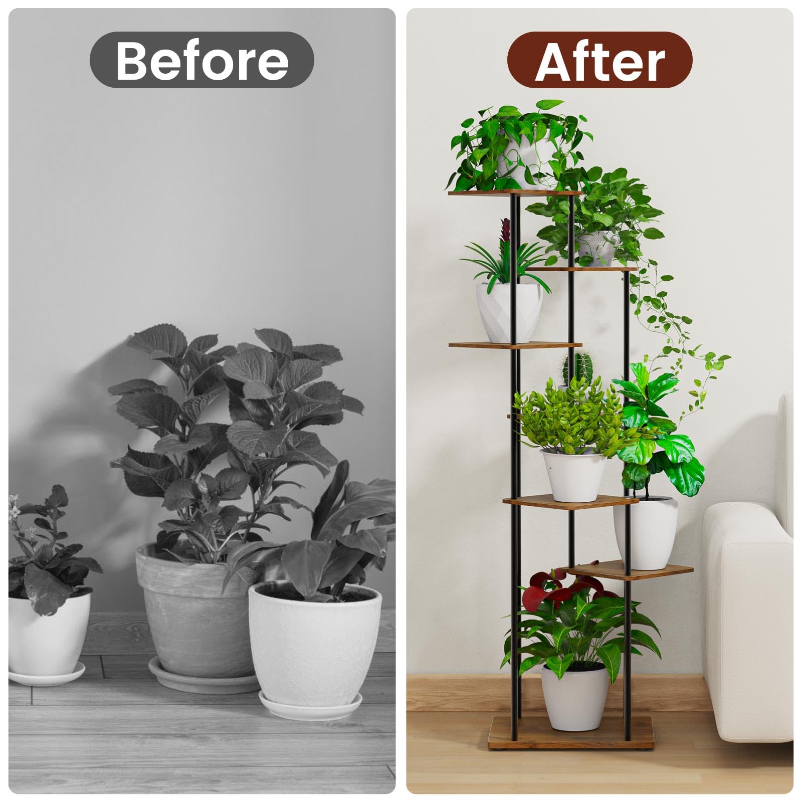 Scaffale Portafiori in Metallo 7 Ripiani Porta Piante Da Interno 30x39x130 cm Supporto Per Piante In Legno Adatto per Interni ed Esterni, Decorazione per Balcone da Giardino, Soggiorno, Ufficio, Nero