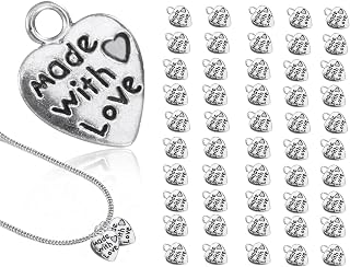 50pcs Heart Pendants, Vintage Metal Craft Heart Pendants, Antique Mini Charm, Jewelry Accessories, Handmade Buttons, Label with Made with Love (Antique Silver)