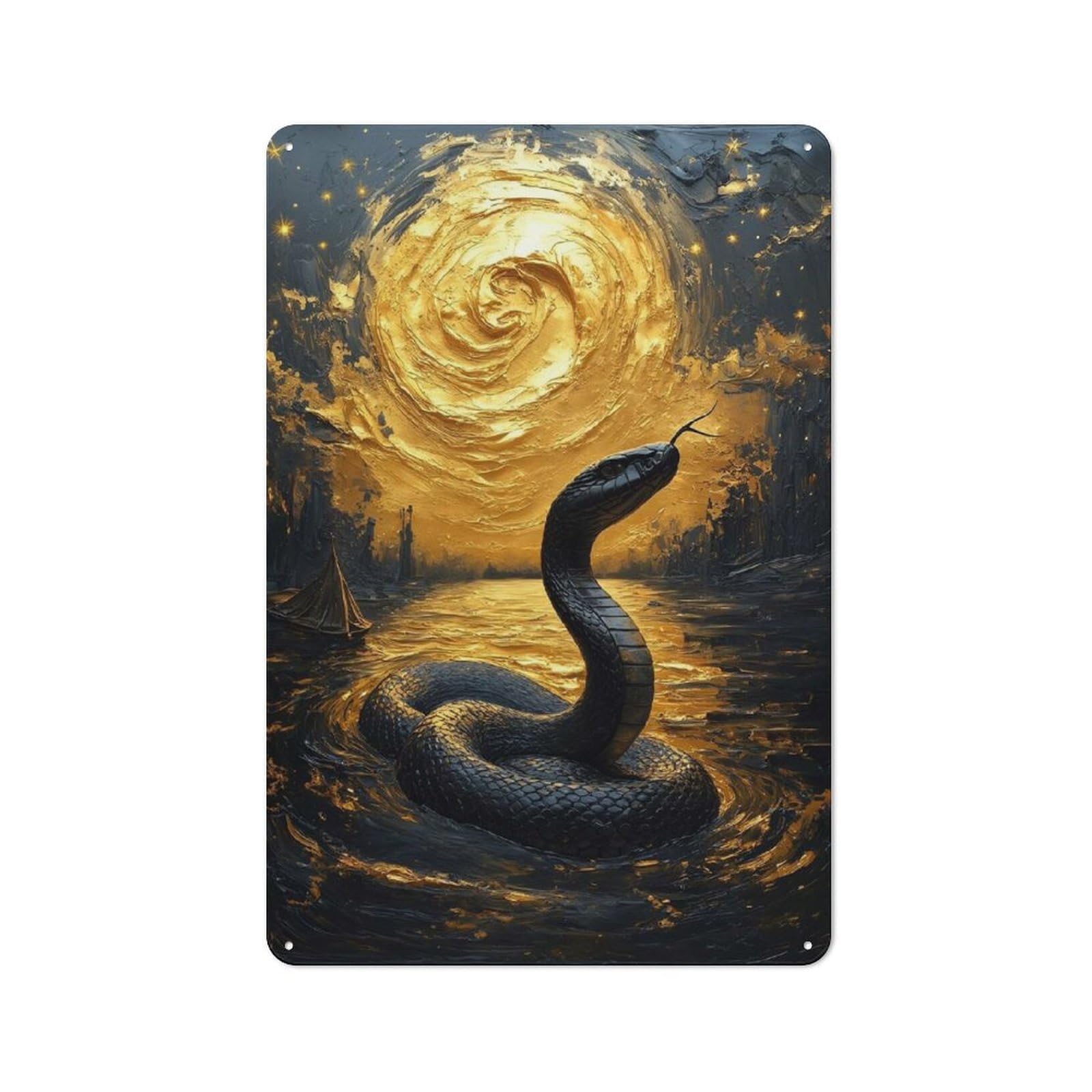 Junmoney Style-22 Smart Tin Sign 30X20cm Featuring Black Snake In Golden Water, Office Wall Decor For Workspace, Cafe, Shop Or Desk Area
