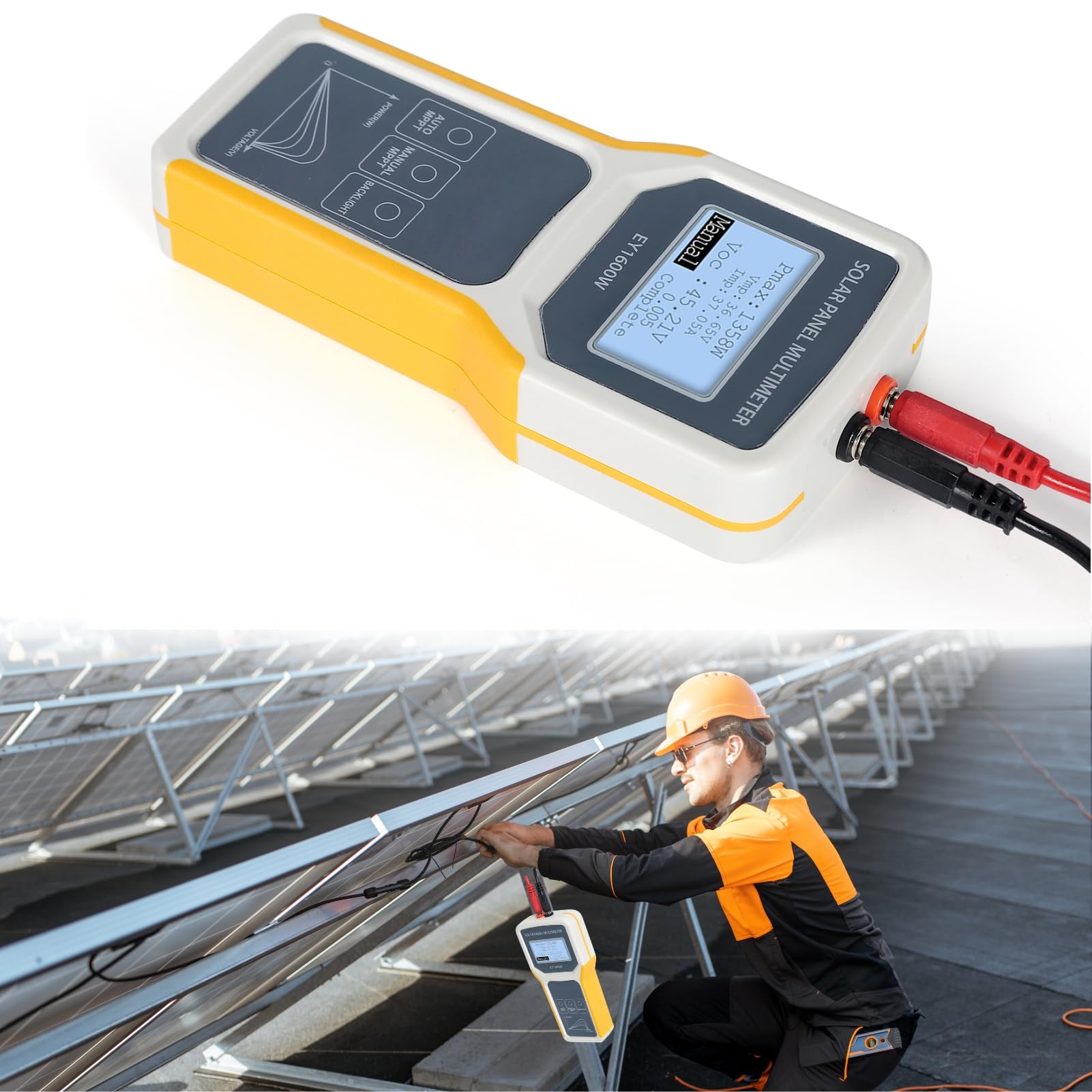 Jadeshay Solar Panel Tester,1600W Photovoltaic Panel Multimeter Automatic MPPT Test Clear LCD for Open Circuit Voltage Fault and Maximum Power Finding with Overcurrent and Overvoltage Protection