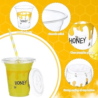 Umigy 100 Pack Honey Bee Plastic Disposable Cups with Lids and Straws 12 oz Disposable Cups for Juice Water Coffee Summer Party Sports Party Supplies(Bee)