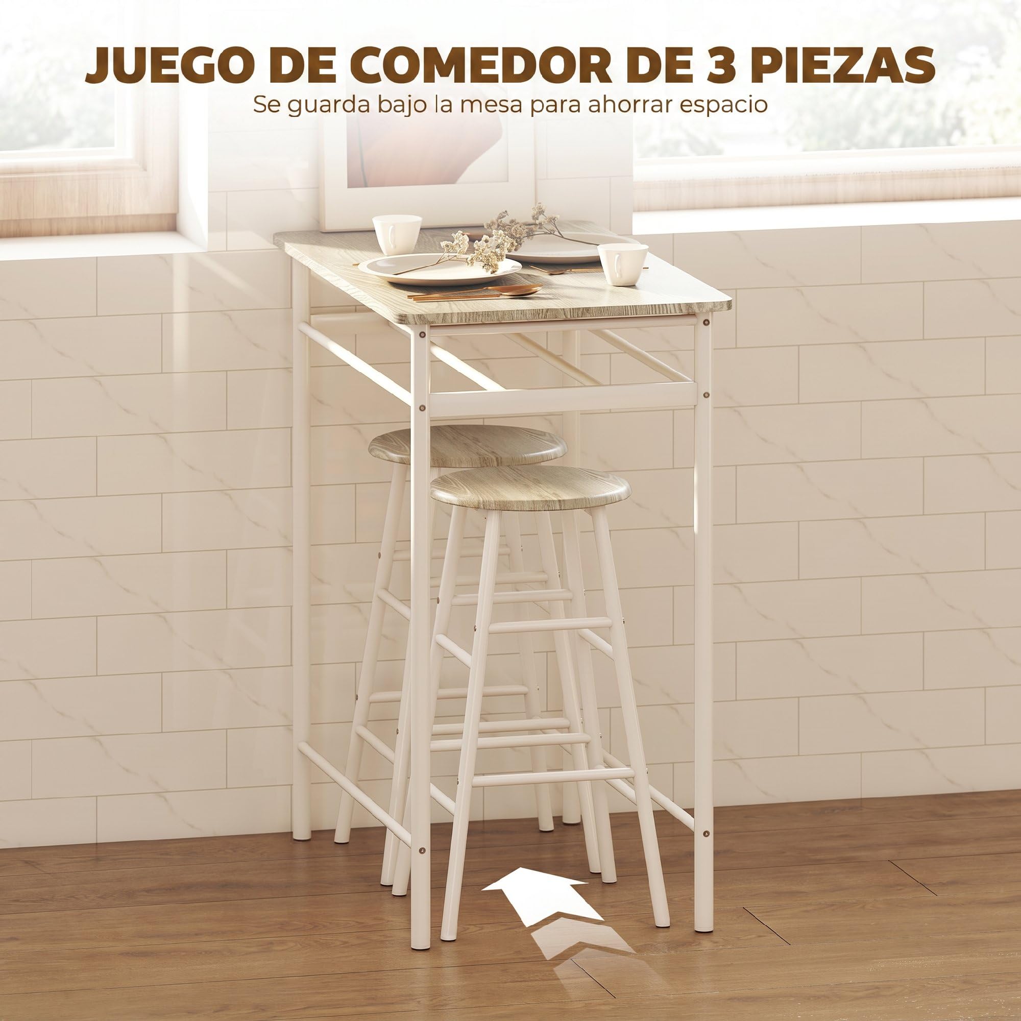 HOMCOM Juego de Mueble de Bar Set de Mesa Alta y 2 Taburetes con Estante de Almacenamiento y Marco de Metal para Cocina Comedor 80x50x90 cm Blanco