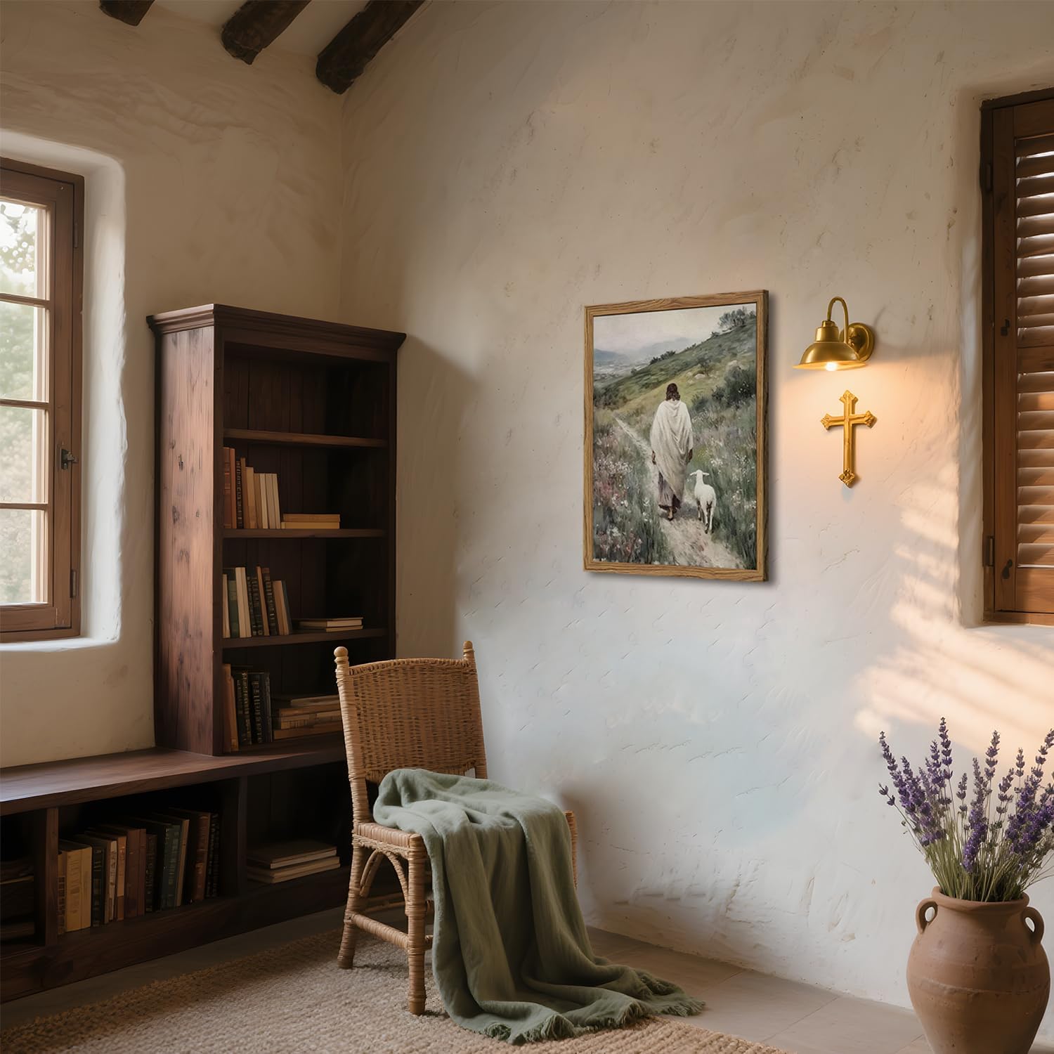 Jesus and Lamb Wall Art 3D Textured Hand Drawn Sandstone Lost Lamb Wall Decor, Jesus Leaves the 99 Sheep Christian Paintings Artwork for Living Prayer Room Bedroom 24x36 inch Wood Framed