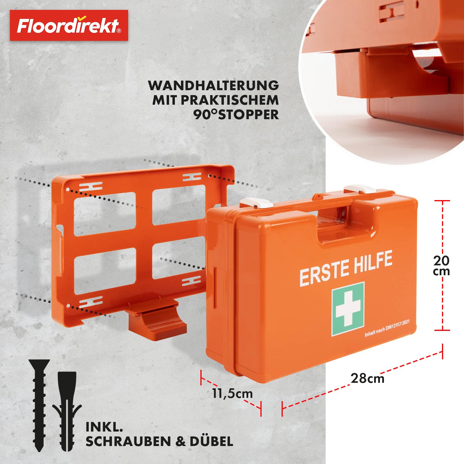 Floordirekt Erste Hilfe Koffer für Betriebe DIN 13157:2021 gefüllt inkl. Wandhalterung | 1 Hilfe Verbandkasten Set für Zuhause, Büros und Gastro, Notfallbox bis 50 Mitarbeiter (28 x 20 x 11,5 cm)