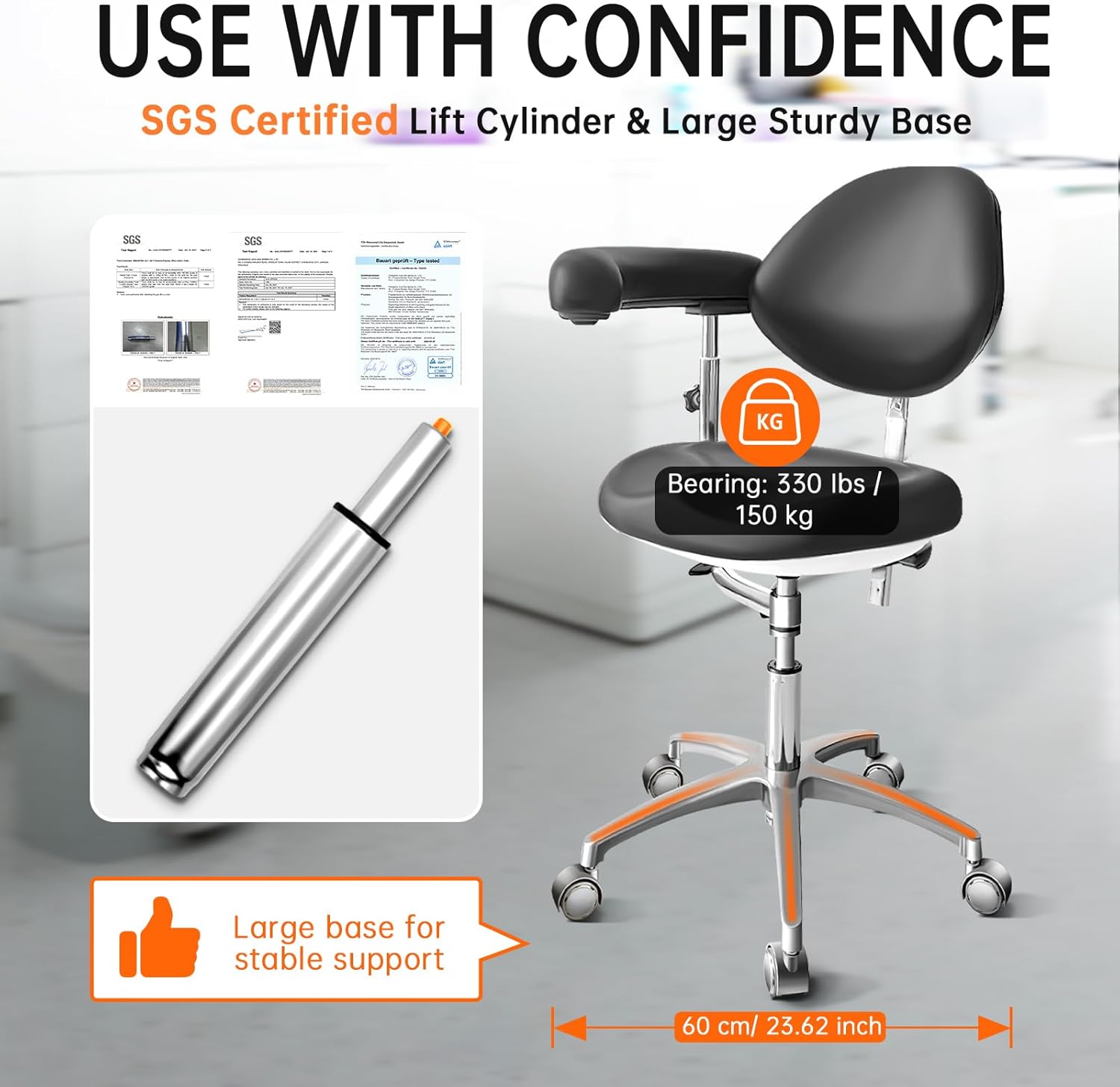 Dental Assistant Chair PU Leather with Swivel Armrests, Rolling Dental Chair, Ergonomic Swivel Dentist's Stool with Backrest for Clinics, Tattoo, Home and Laboratory - Black