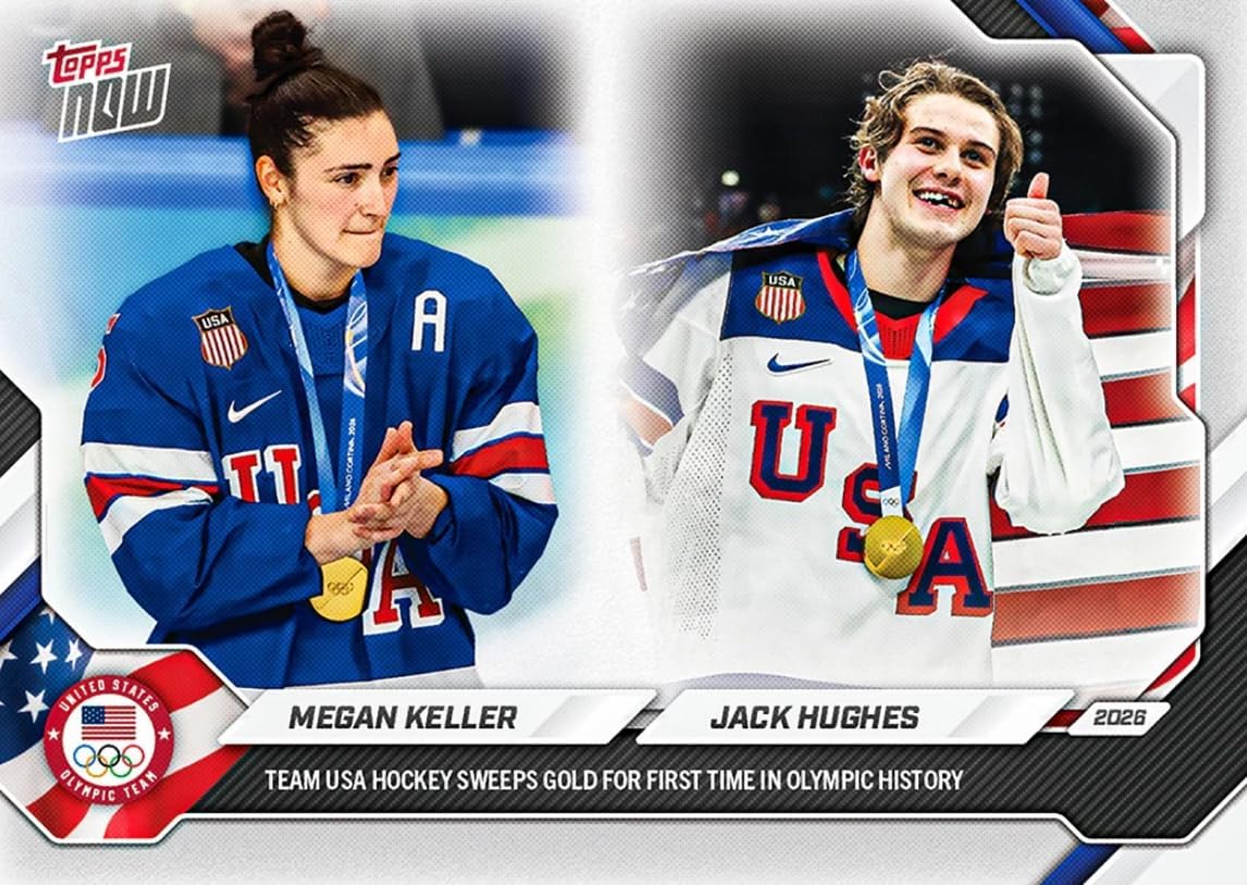 2026 Topps Now Olympics Megan Keller/Jack Hughes #19 Team USA Hockey Sweeps Gold For First Time in Olympic History USA Hockey Card - $19.99