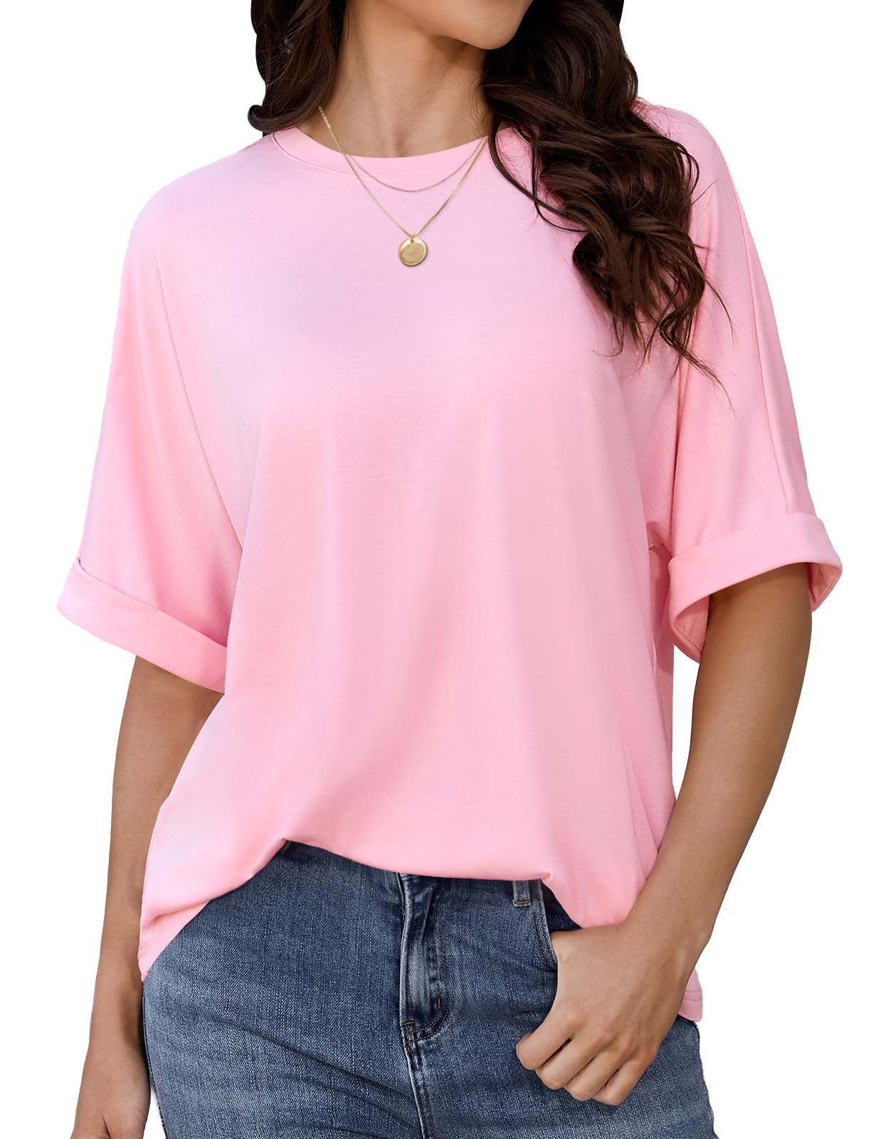 Fashora Tshirt Damen Oversize T Shirt Damen Oberteile Sommer Rundhals Kurzarm Shirts mit Gekrempelten Ärmeln Casual Lockere T-Shirt Enfarbig Basic Tee Tops Tunika Bluse