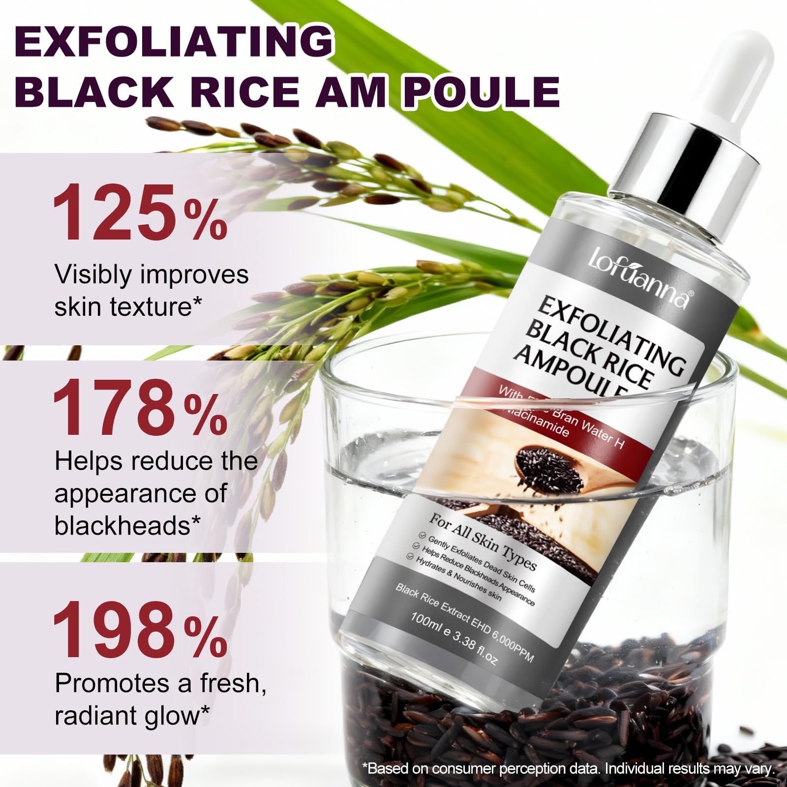 Black Rice Peeling Serum 100ml, Esfoliante Viso Delicato, Siero Esfoliante Riso Nero, Rimuove Cellule Morte e Punti Neri, Minimizza Pori, Niacinamide & Estratto di Riso Nero, Pelle Luminosa e Liscia