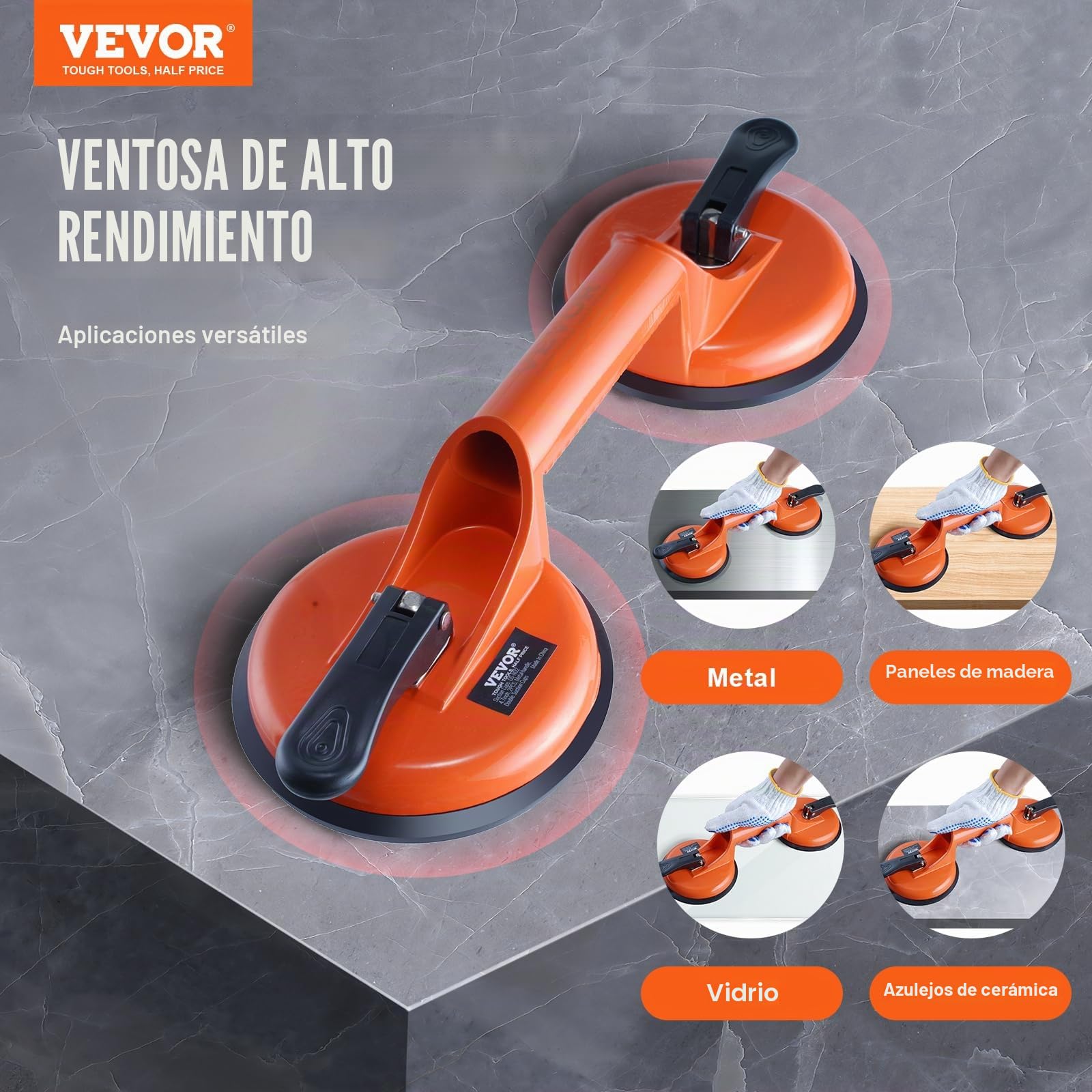 VEVOR Ventosa para Azulejos Doble 119 mm 2 Piezas 150 kg Carga Mango Aleación Aluminio Elevación Industrial