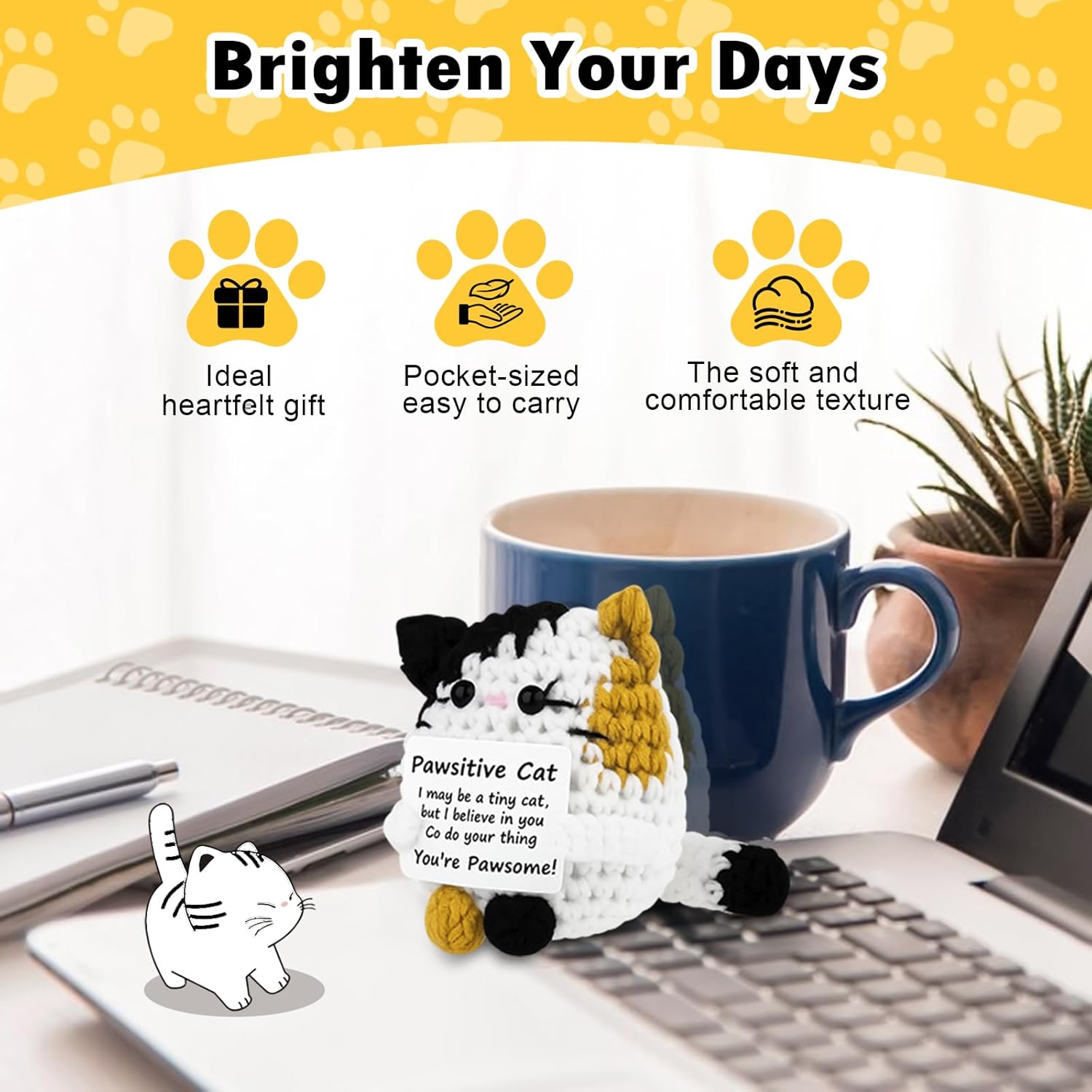 Positive Crochet Cat Animal Emotional Cheer Up Support Gifts, Funny Crochet Mini Handmade Cat for Women Men Friends Mom Birthday Christmas Mothers Day Graduation Gifts (Calico) - Image 6