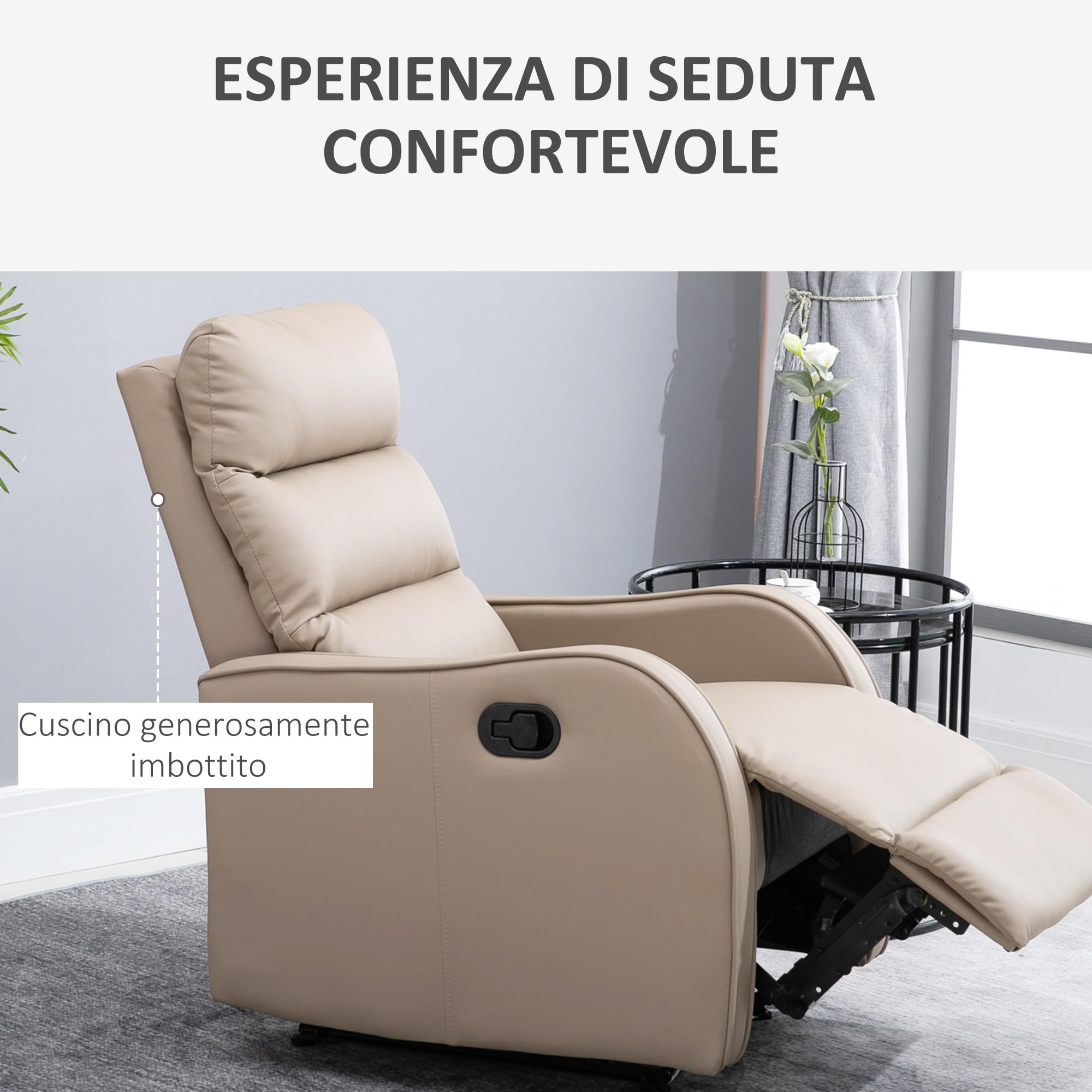 HOMCOM Poltrona Relax Reclinabile Manuale 160° con Poggiapiedi, Seduta Ampia, Poltroncina Reclinabile Imbottita Girevole in Finta Pelle per Camera da Letto, Salotto e Soggiorno, Marrone Chiaro