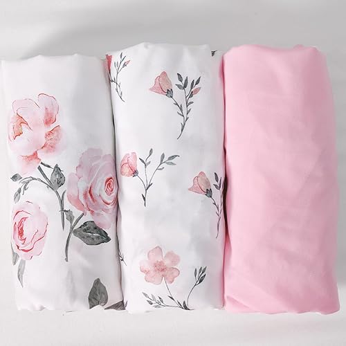 Miniatura 7 de PHF Paquete de 3 sábanas suaves para moisés, cómodas sábanas de poliéster con diseño floral rosa para bebés niños y niñas, ajuste universal para la