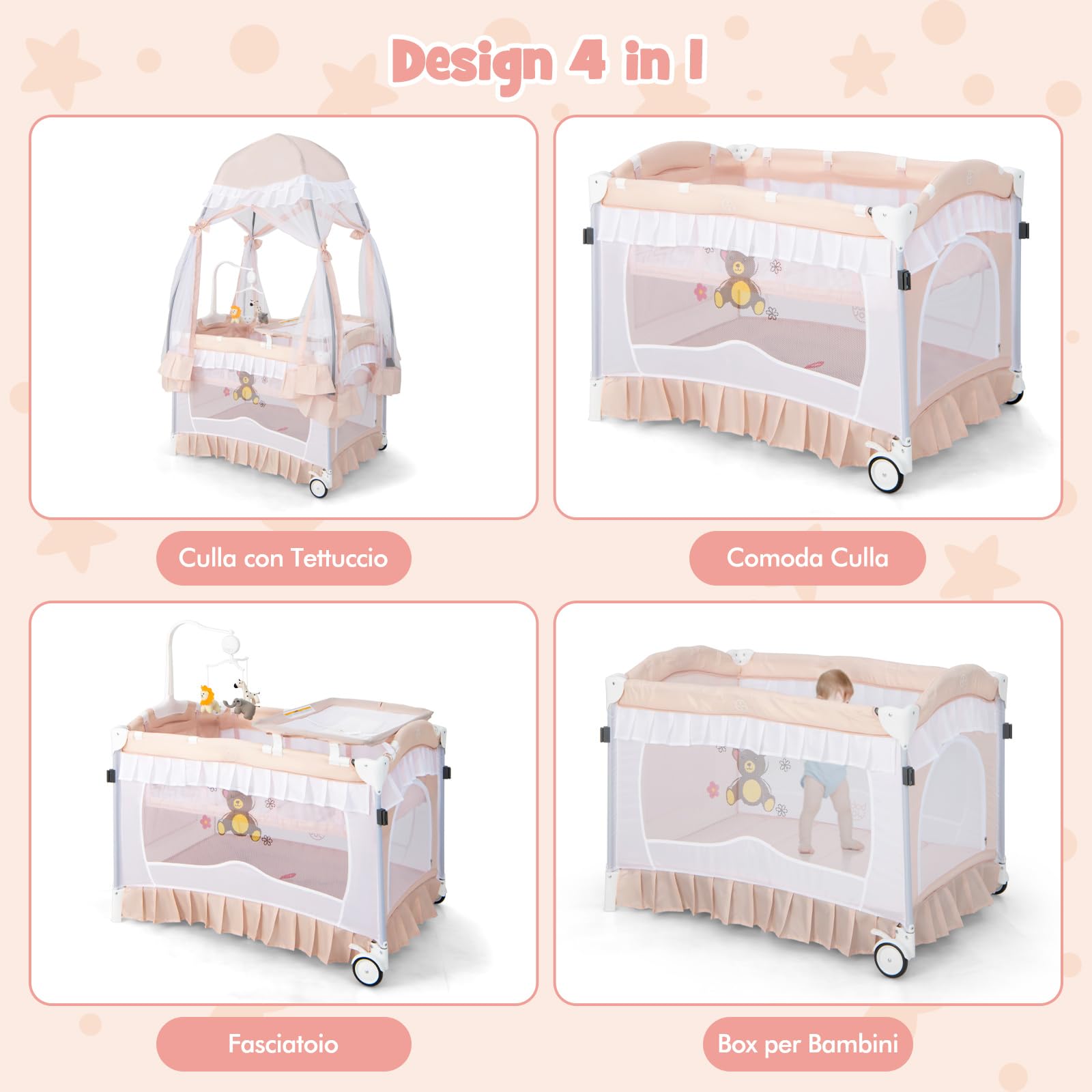 COSTWAY Lettino da Campeggio per Bambini, Culla Pieghevole con Fasciatoio Zanzariera, Box Neonati con Giocattoli, Ruote, per Bambini 0-36 Mesi (Rosa)