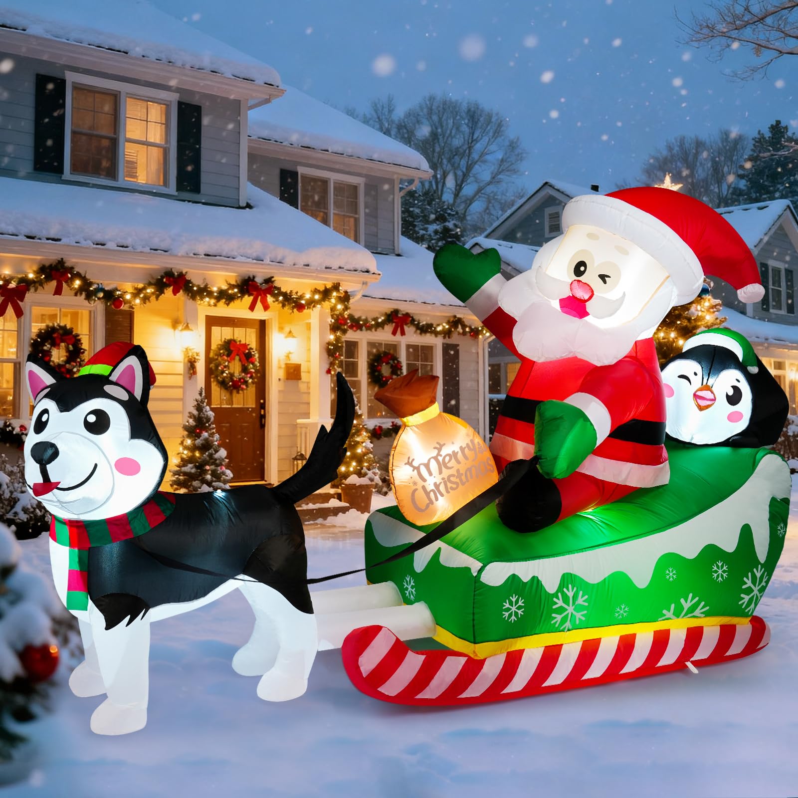 Meland Décoration de Noël gonflable, Père Noël sur le traîneau avec chien avec lumières intégrées
