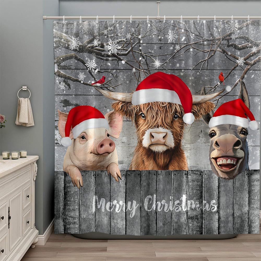 Funny Christmas Shower Curtain Cute Highland Cow Pig Donkey Farm Calf Cattle Xmas Snowflake Red Bird Western Animals Rustic Wood Board Winter Bathroom Decor Polyester with Hooks 106Wx70H in