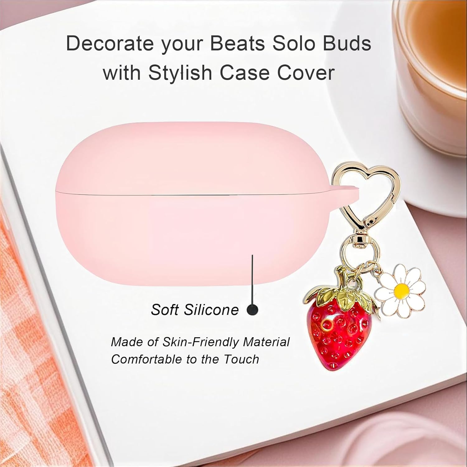 for Beats Solo Buds Case Cover with Cute Strawberry Charm Heart Keychain, Soft Silicone Protective Case Daisy Key Chains for New Beats Solo Charging Case Earbuds for Women Men Pink - Image 5