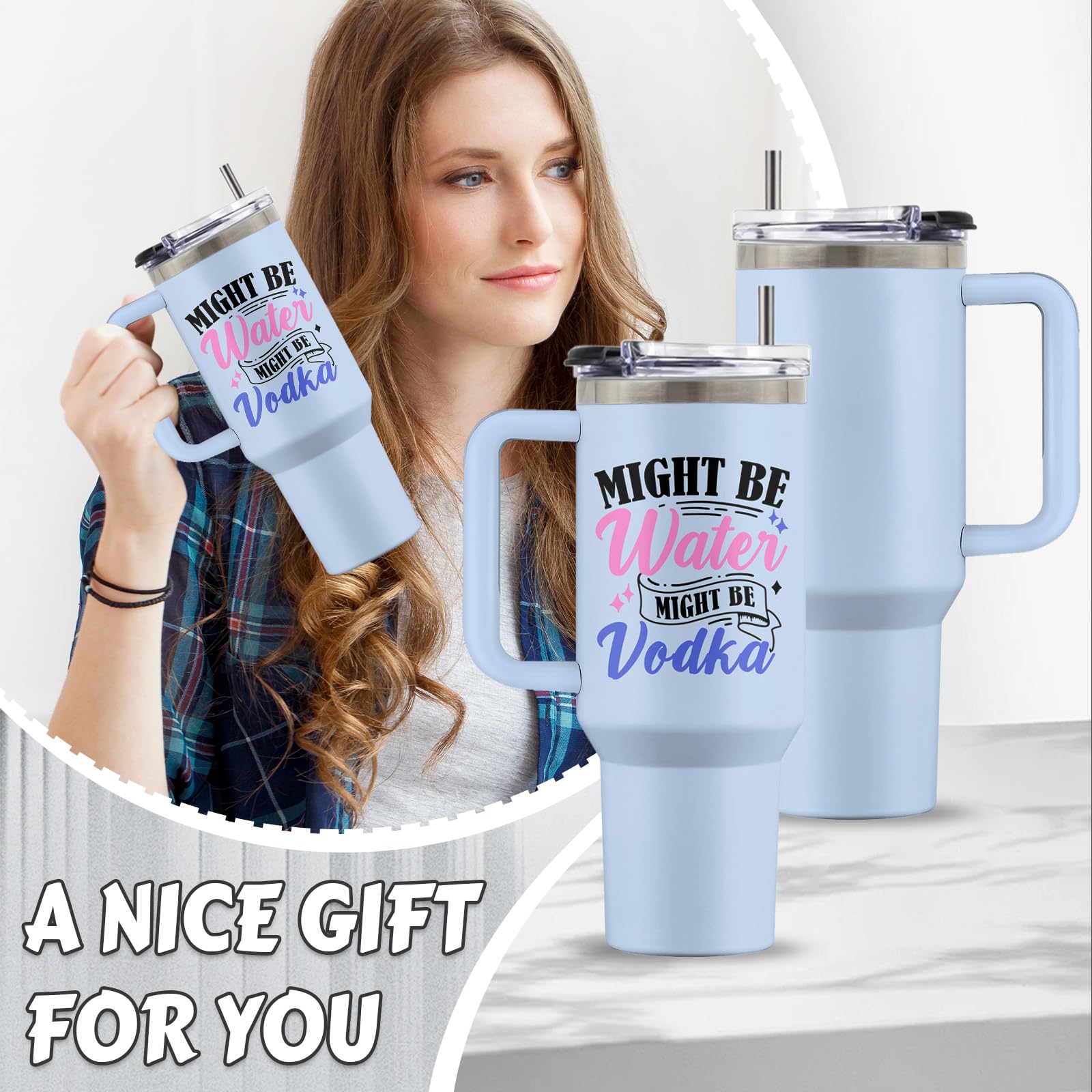 Might Be Gift, 40 Oz Might Be Water Might Be Vodka Tumbler with Handle & Straw, Might Be Wine Tumbler, Thanksgiving Christmas Birthday Gifts for Woman Man, Stainless Steel Might Be Cup, 1 PCS