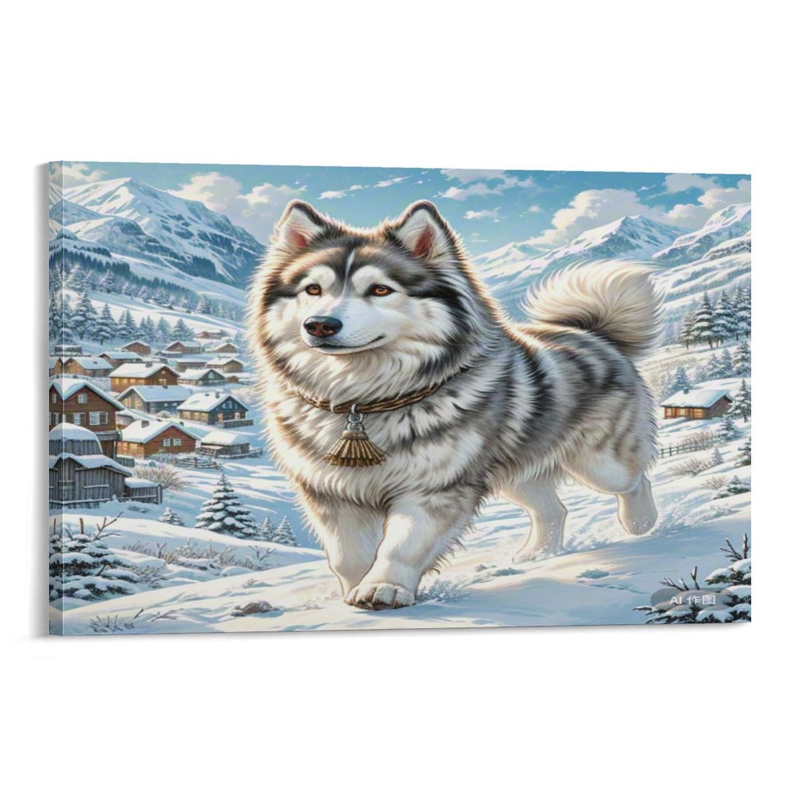CPLVKWRQJ Snowy Mountain Dog Walking Single Piece Husky Standing Snowy Alpine Village Hillside Canvas Print - Kitchen Canvas Wall Decor Easy to Clean Removable Focal Point 12x18inch(30x45cm)
