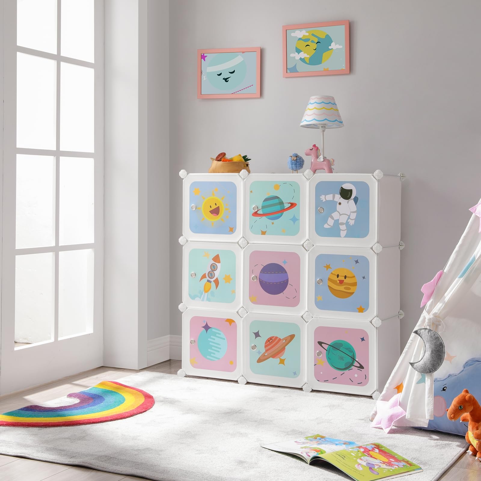 SONGMICS Estantería Modular Infantil de 10 Cubos, Organizador para Niños, Estantería de Plástico, Armario Modular con Puertas para Ropa, Zapatos, Juguetes, 123 x 31 x 123 cm, Blanco LPC903W01