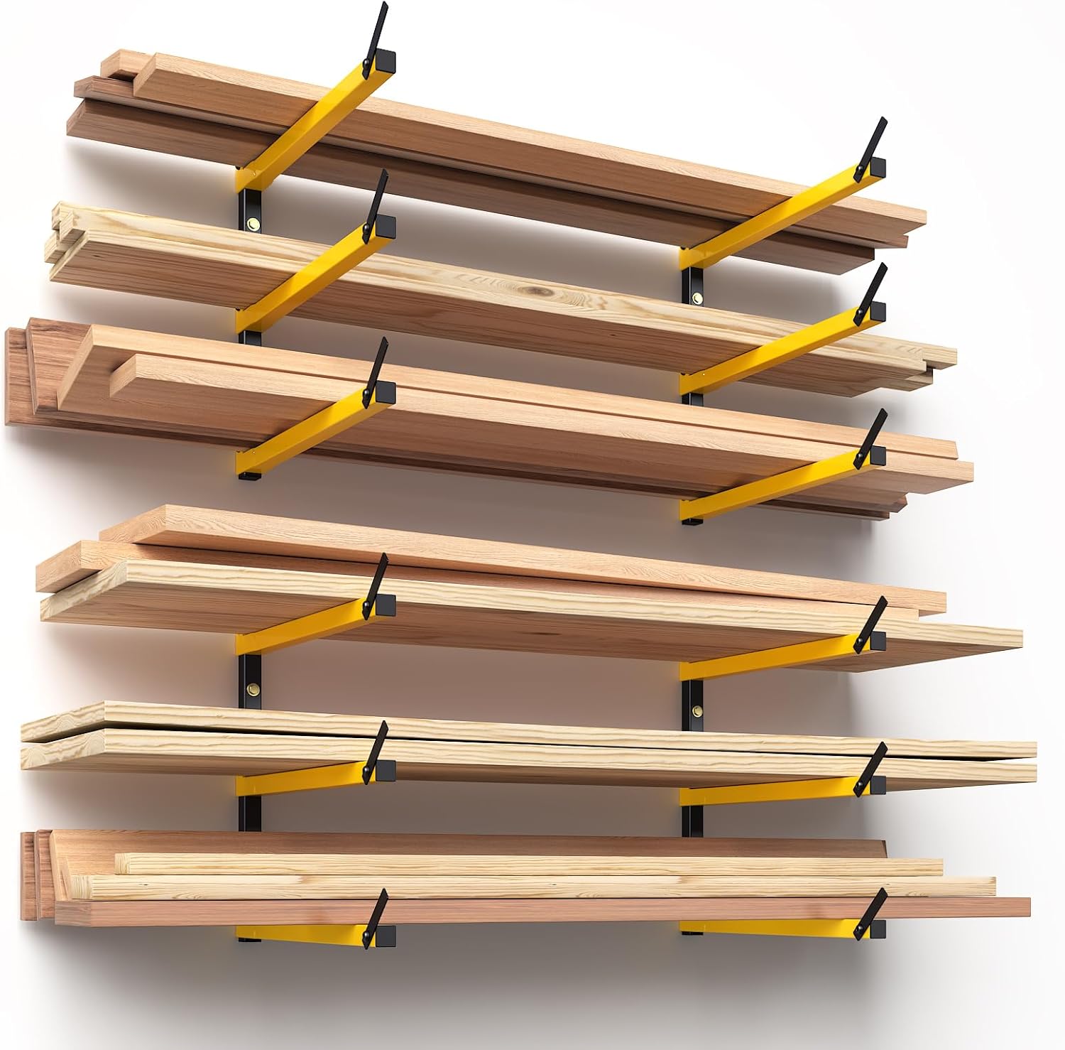 GREENER Lumber Storage Rack Folding Wood Storage Racks Wall-Mounted Metal Racks for Storage with 3-Level Heavy Duty Garage Wood Organizer for Woodworking Shop Indoor & Outdoor Use, 4 pairs,Yellow - Image 2