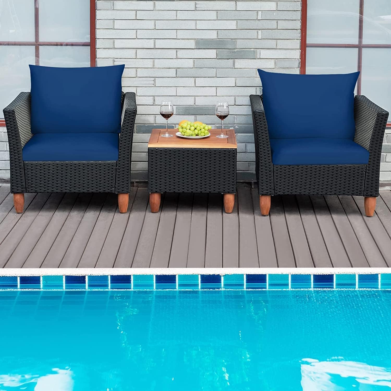 LDAILY Patio 3 Pieces Patio Furniture Set, PE Rattan Outdoor Wicker Sofa Chair with Washable Cushion & Wood Storage Table, Patio Conversation Set for Porch, Yard, Garden (Navy)