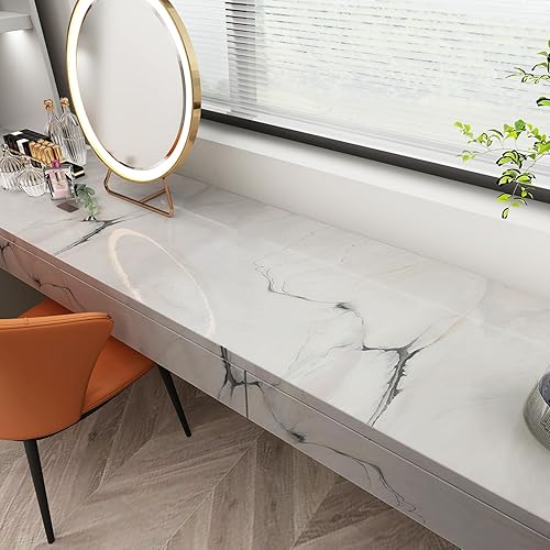 Miniatura 7 de Bumoo Papel tapiz moderno de mármol blanco de 16 x 236 pulgadas, papel de contacto brillante de granito, blanco y negro, extraíble, impermeable,