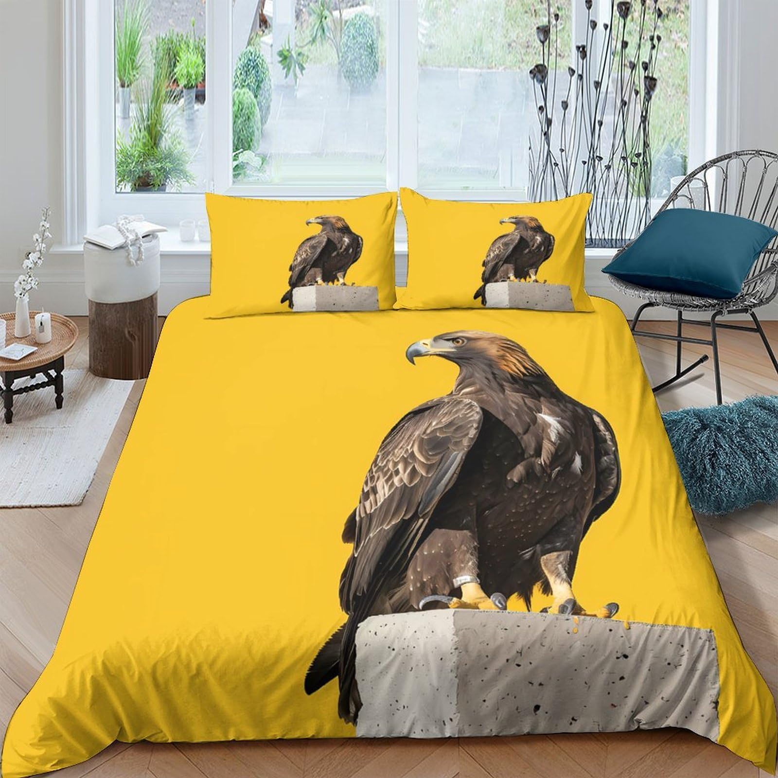 GPLZQXKJNH 3D Printed Golden Eagle Duvet Cover Microfiber Yellow Bedding Set with 2 Pillowcases for Bedroom Decor Single（135x200cm）