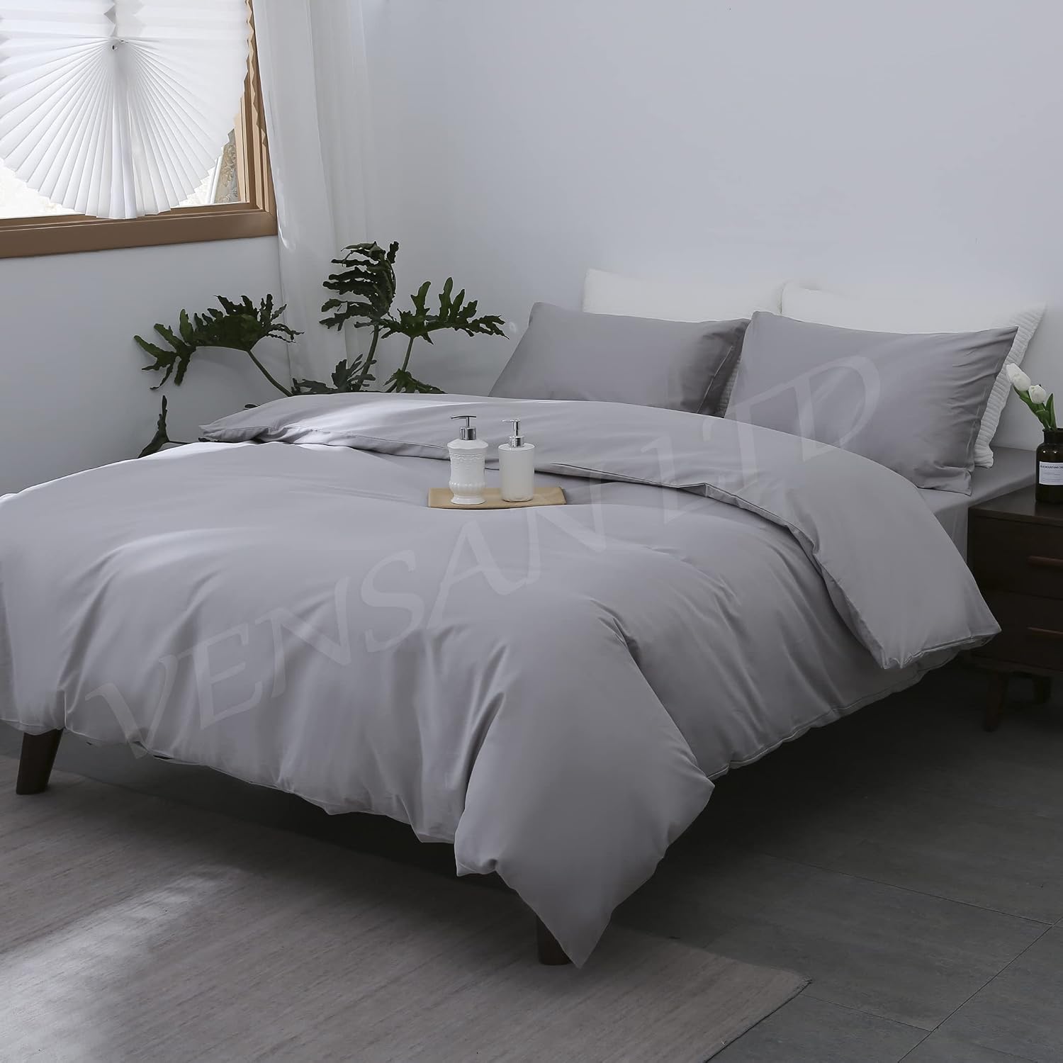 Vensan Duvet Cover & 2 Pillowcases Bed Set, Size: King, 100% Cotton Satin, 300 Thread Count, Silver Grey, King Duvet Cover - Image 3
