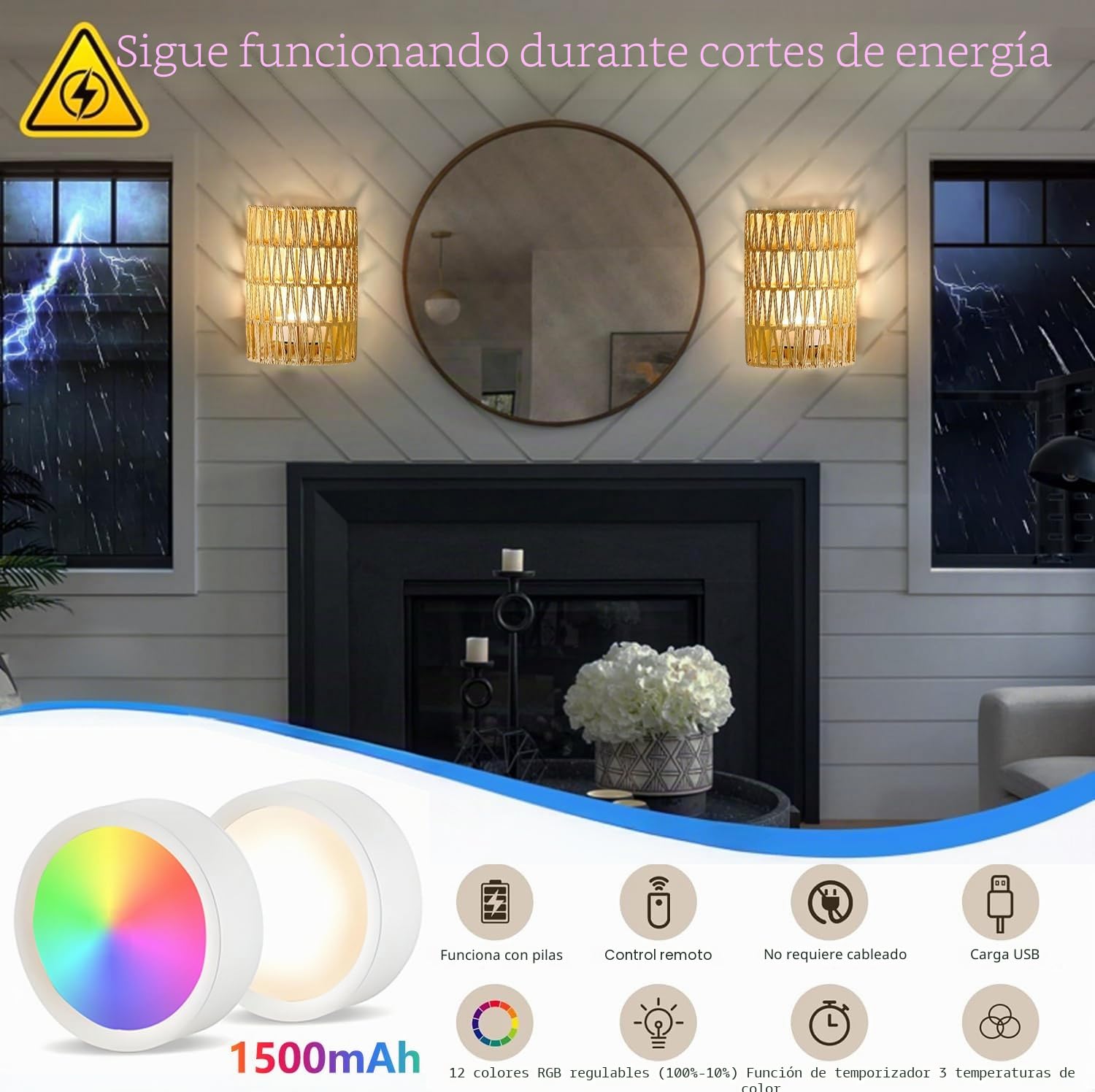 2 lámparas de pared de ratán, estilo bohemio, con batería, sin conexión de alimentación, RGB, regulables, con mando a distancia, retro, para dormitorio, salón, pasillo