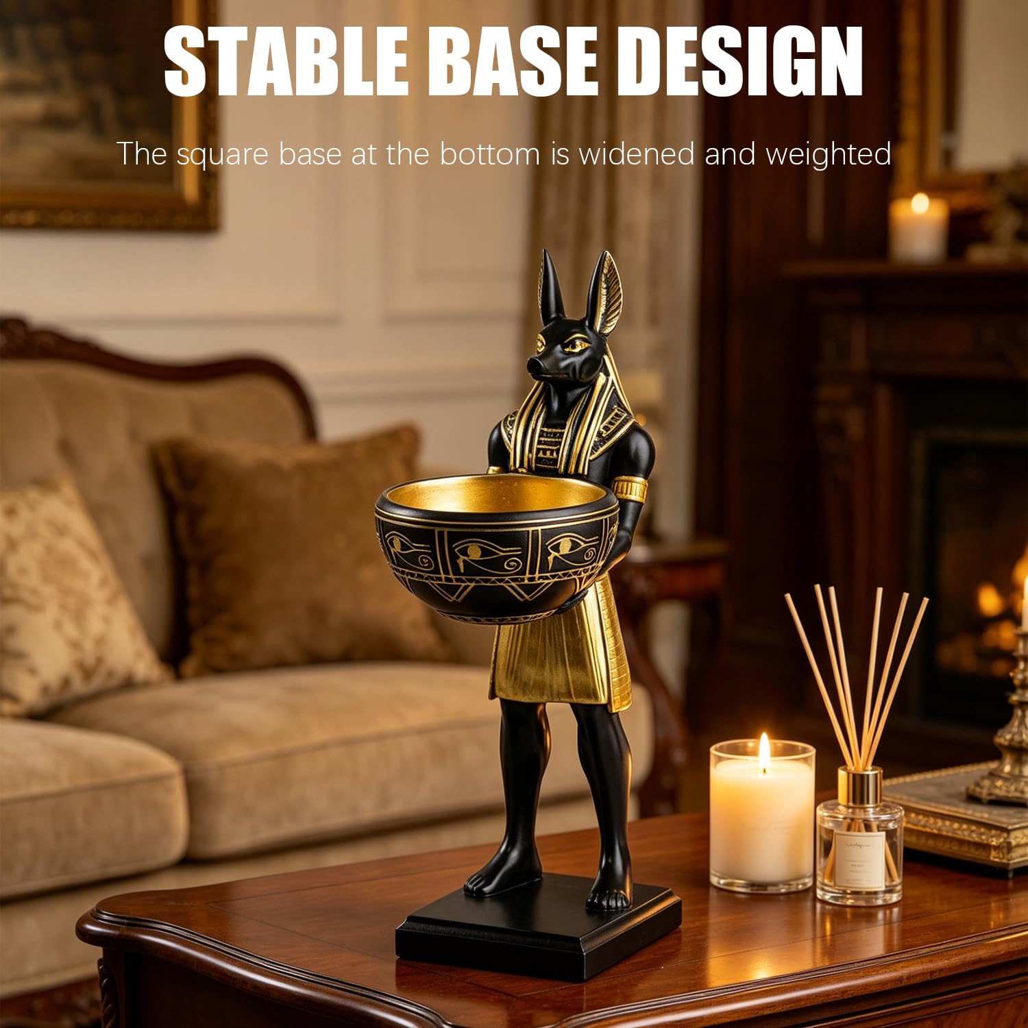 Statue égyptienne d'Anubis en résine avec bol de rangement, figurine décorative mythique noire et dorée, 25 cm de haut, organiseur multifonction pour clés, stylos et petits objets